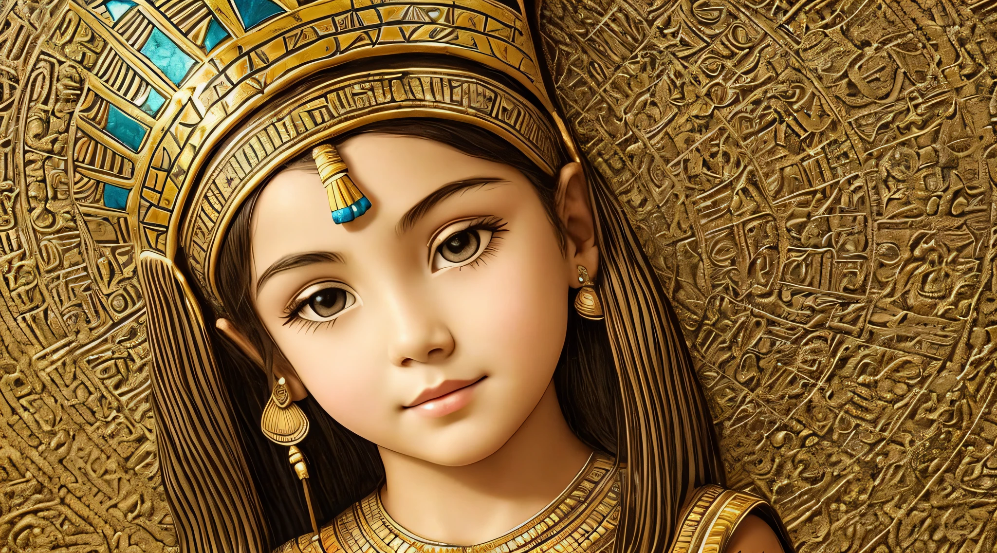 BLONDE CHILD GIRL WITH LONG HAIR, PORTRAIT of a bust of a child wearing a hat, wearing an egyptian crown, Nefertiti, ancient egyptian, egipcian, Egyptian makeup, accurate to egyptian tradition, Egyptian art, maquiagem do Egito, Beautiful and huge head ornaments, ancient egyptian art, ancient egyptian art, Egito Antigo, beautiful cleopatra, Egyptian Princess, Princesa Libu antiga