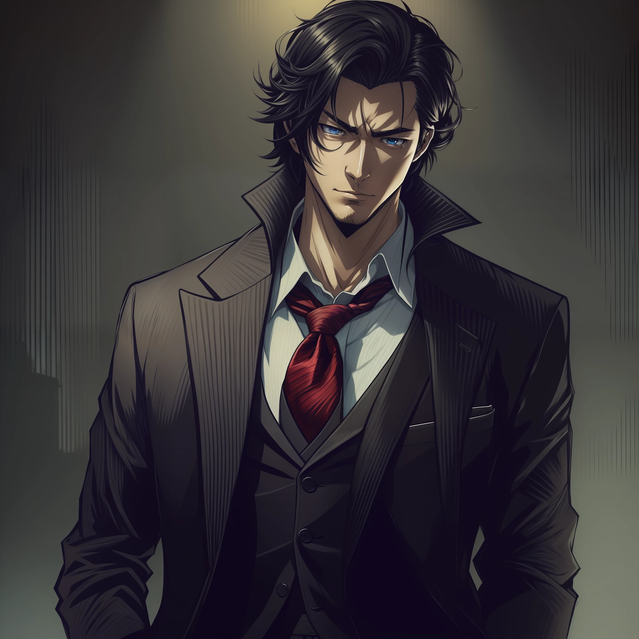 There was a man in a suit and tie standing in a dark room, handsome guy in demon killer art, Anime handsome man, Anime portrait of a handsome man, Handsome anime pose, inspired by Yamagata Hiro, Tall anime guy with blue eyes, highly detailed exquisite fanart, kentaro miura art style, made with anime painter studio, shigenori soejima illustration