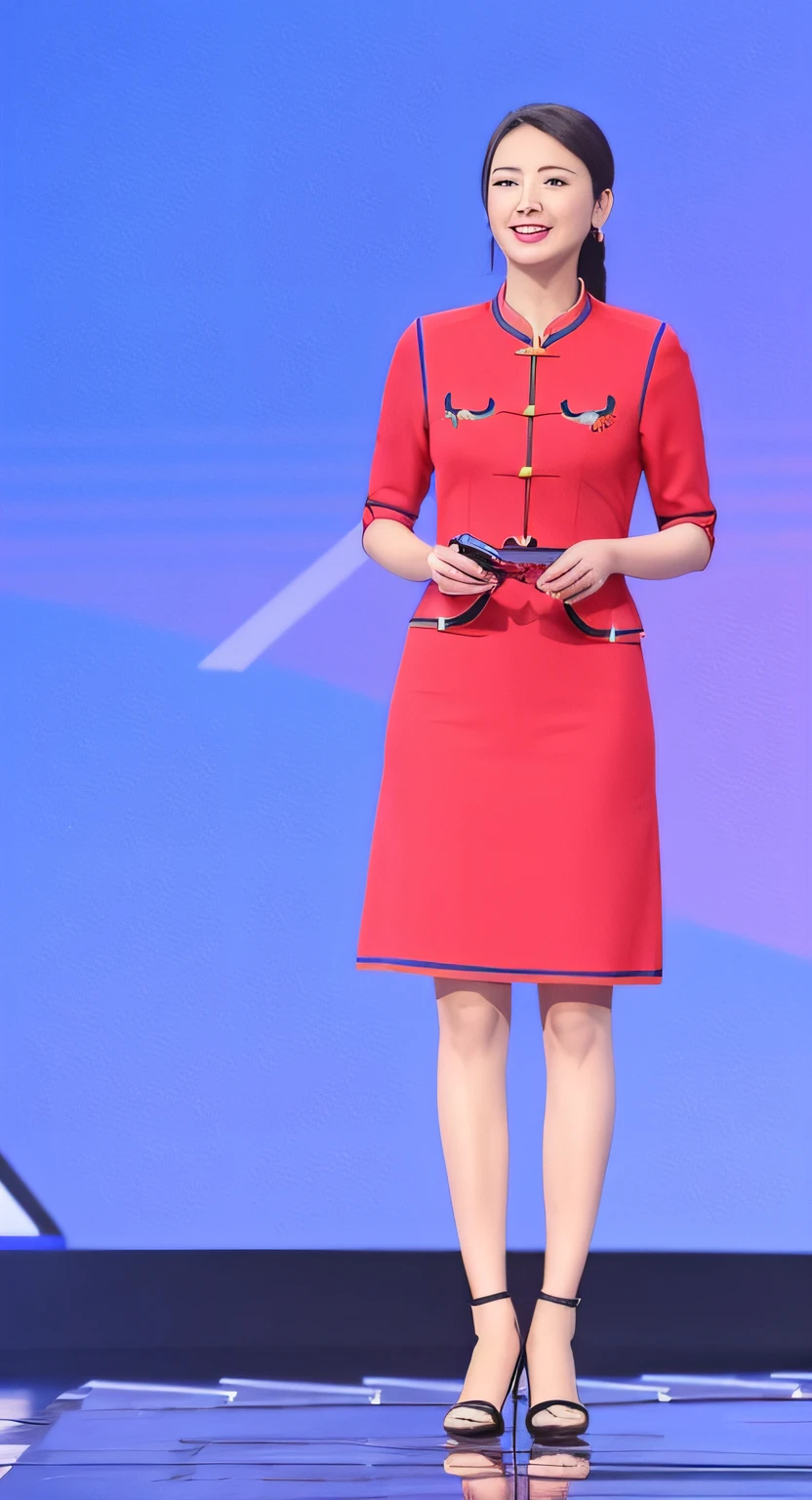 A woman in a red dress stands on stage with a microphone, jia, Red Uniform, Wearing a red cheongsam, shaxi, red and blue garments, inspired by Cheng Jiasui, red and blue color theme, in a blue qipao, Cheongsam, wearing a blue qipao dress, Lu Ji, wearing red attire