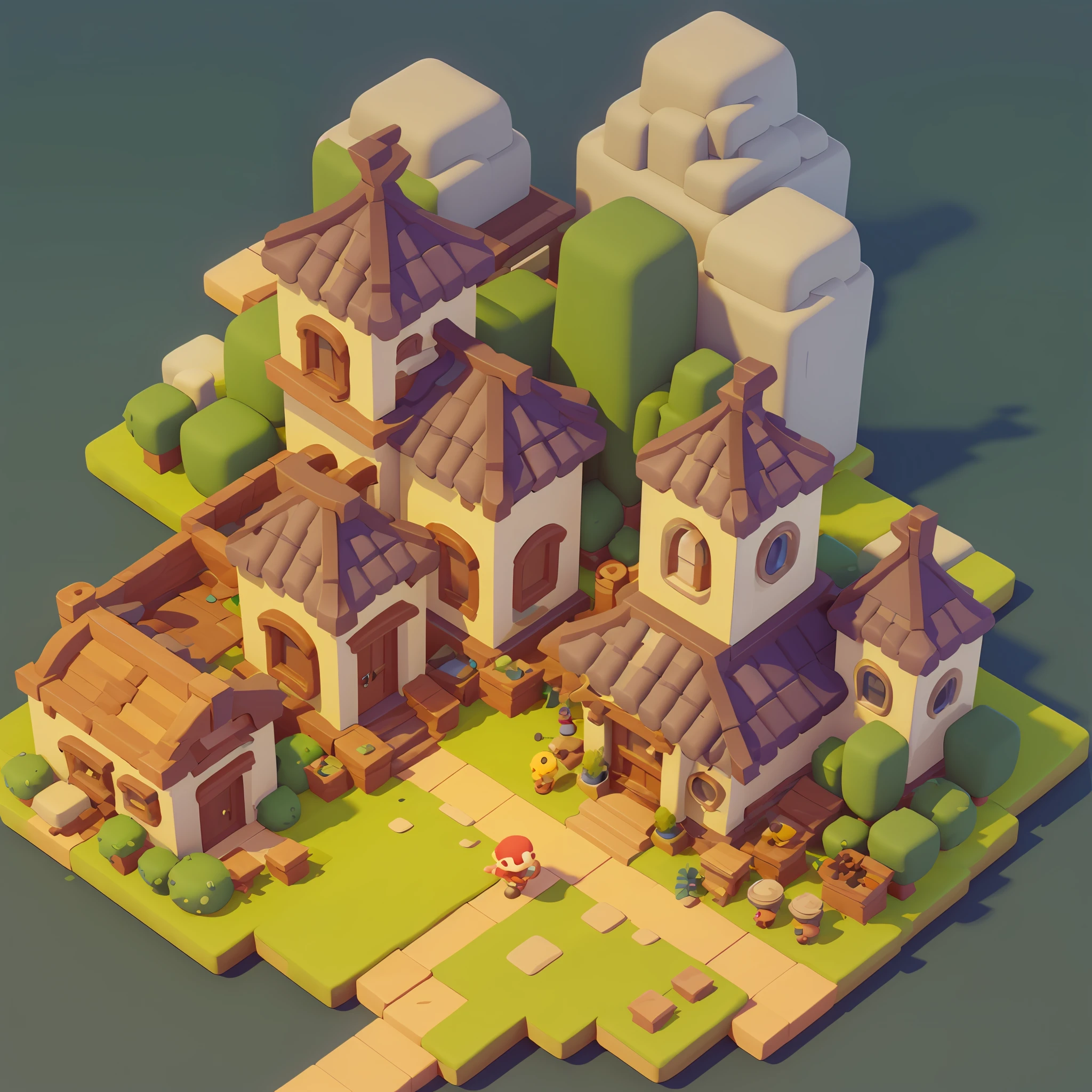 Game architectural design, cartoony, towns，Plaza，brick，grassy fields，rios，blossoms，bazaars，casual game style, 3d, blender，tmasterpiece，super detailing，best qualtiy