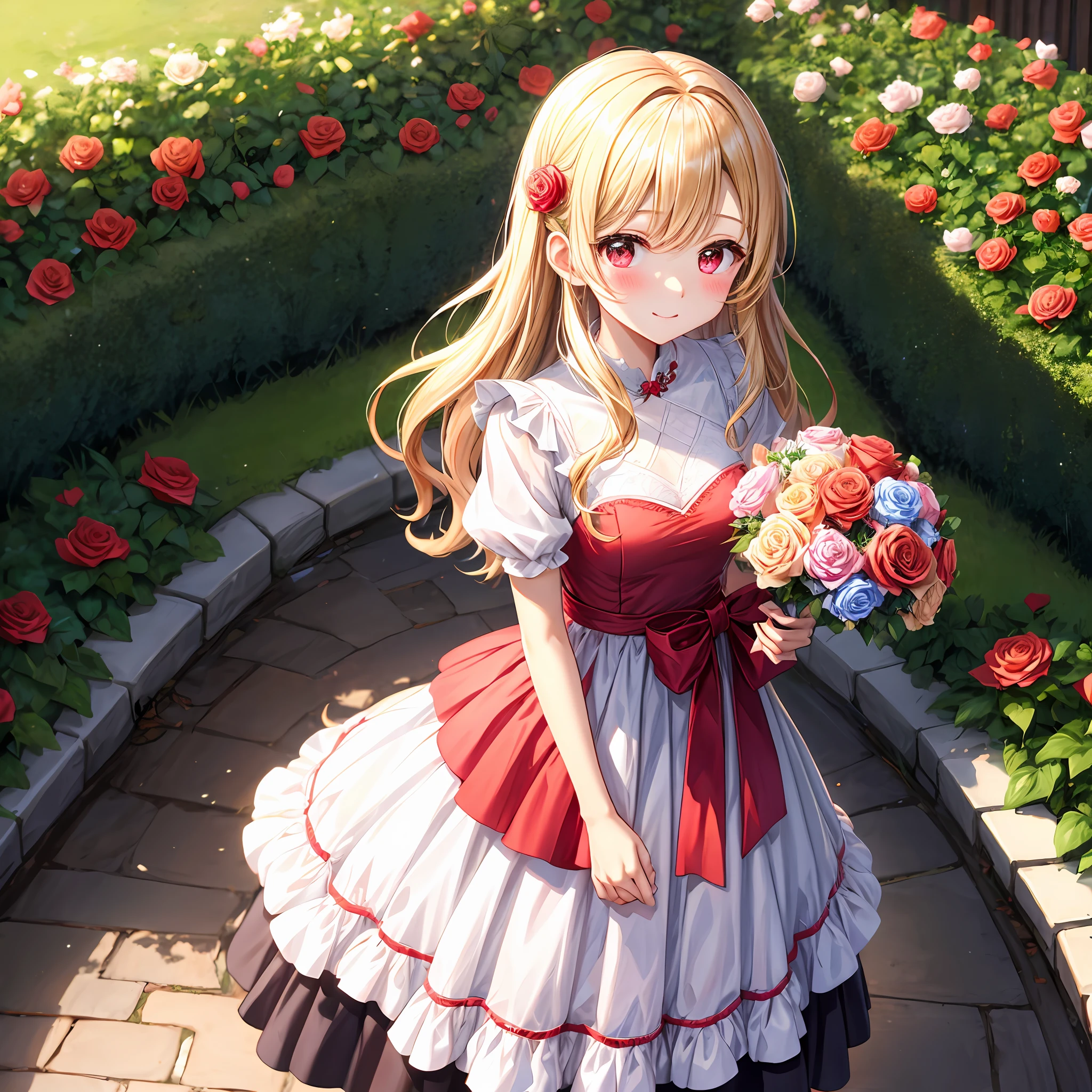 red blush、Wavy blonde hair、red eyes、Beautiful girl alone、animesque、独奏、Dresses in bright colors、a miniskirt、rose garden、lonely、Bouquet of roses