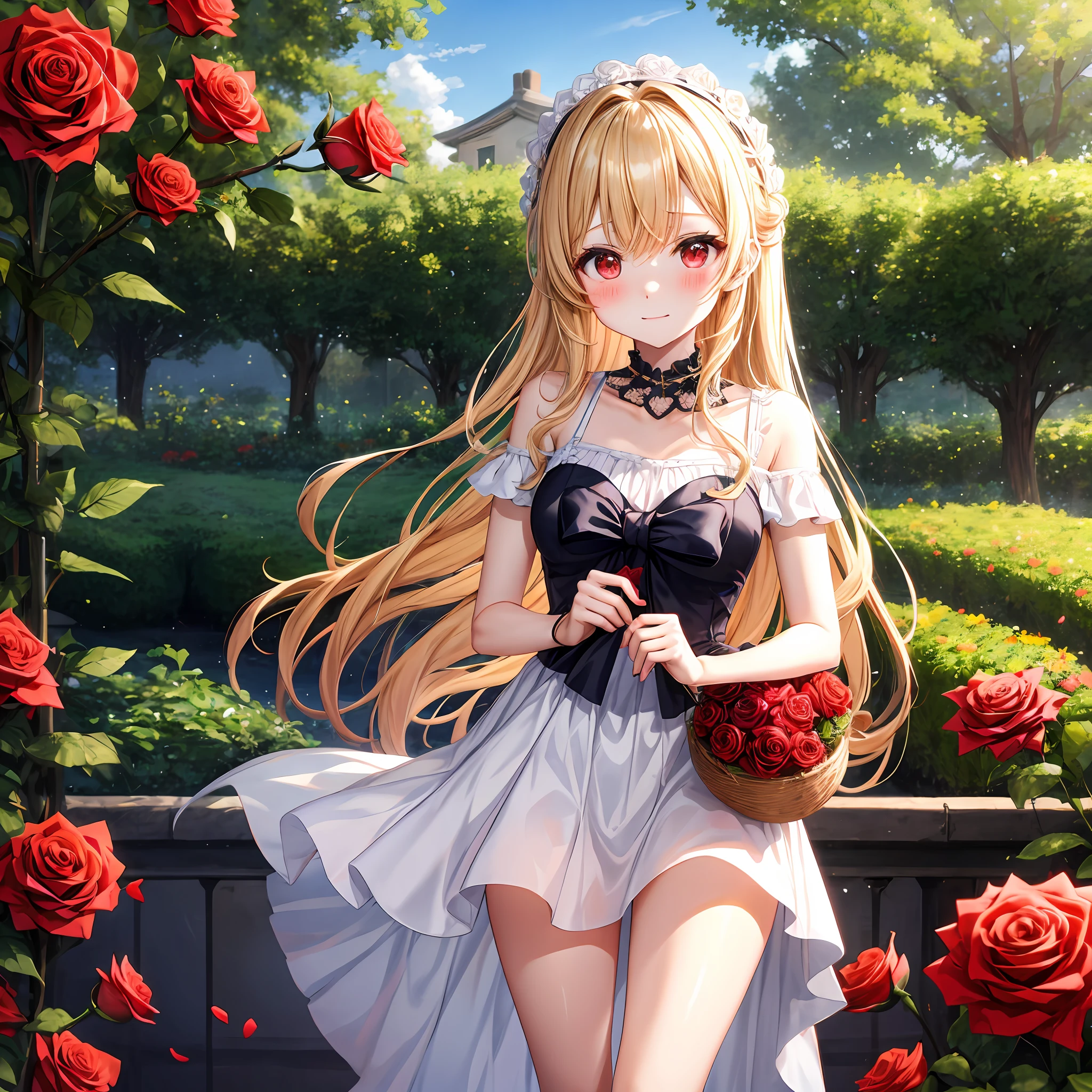 red blush、Wavy blonde hair、red eyes、Beautiful girl alone、animesque、独奏、Dresses in bright colors、a miniskirt、rose garden、lonely、Bouquet of roses