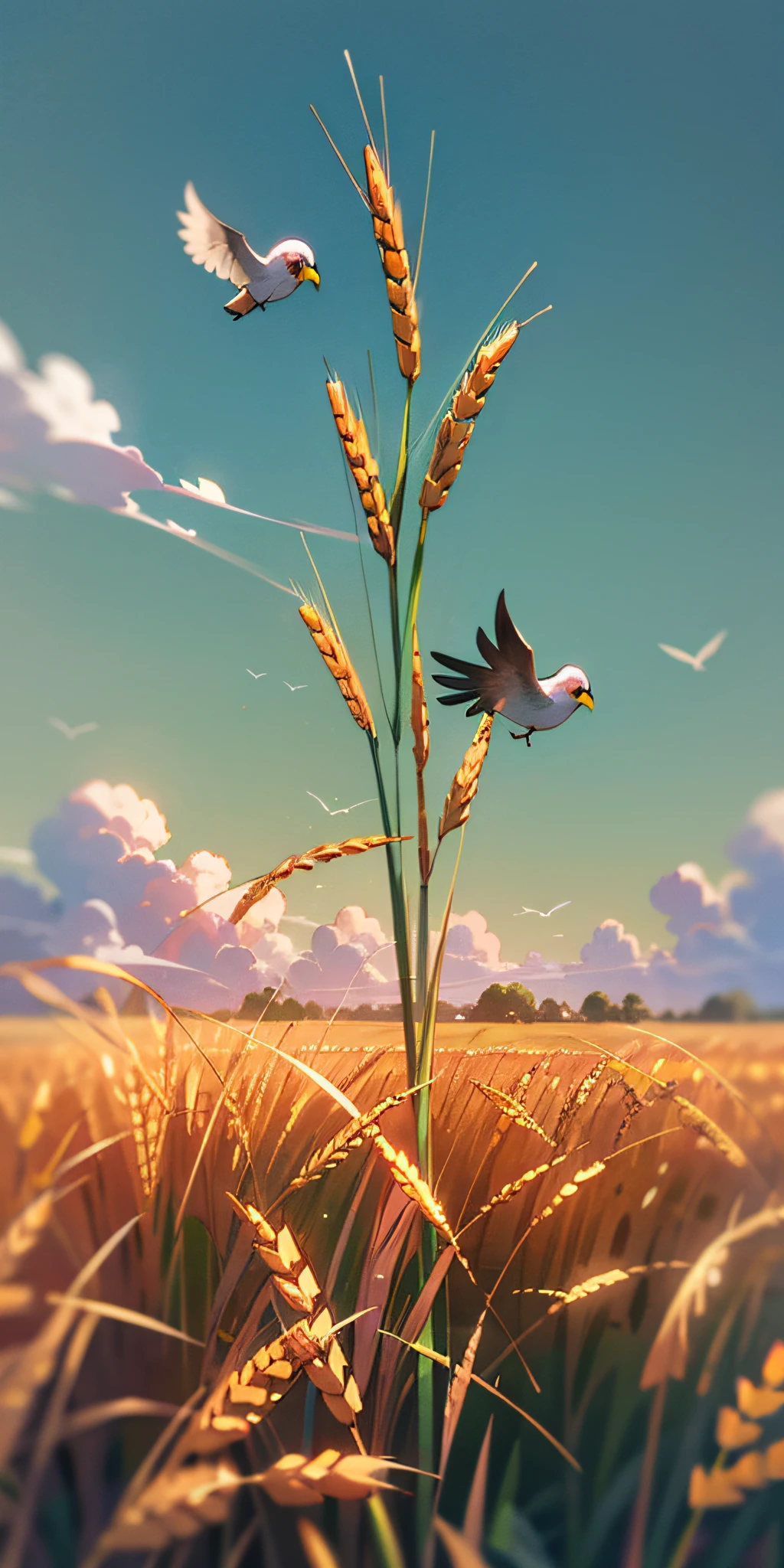 Green wheat fields with cuckoos flying in the sky