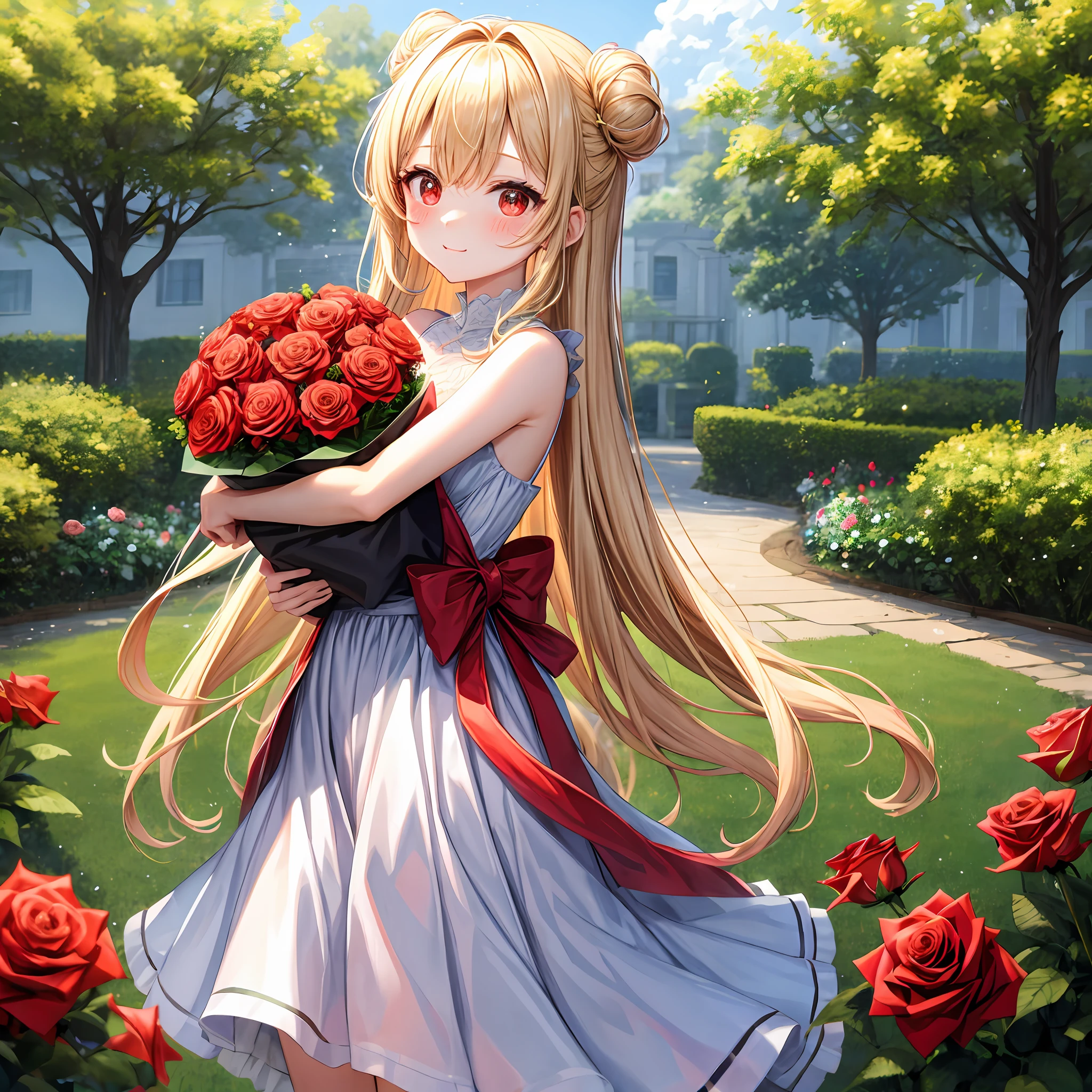 red blush、Wavy blonde hair、red eyes、Beautiful girl alone、animesque、独奏、Dresses in bright colors、a miniskirt、rose garden、lonely、Bouquet of roses