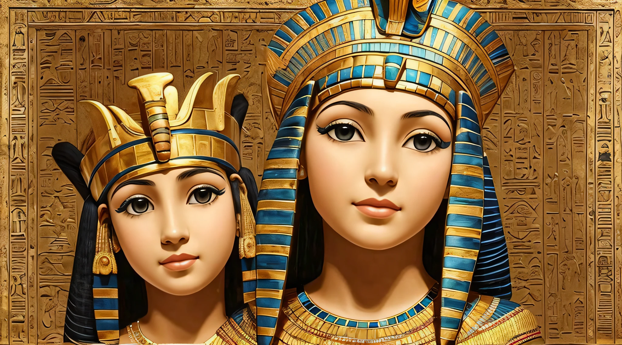 BLONDE CHILD GIRL WITH LONG HAIR, PORTRAIT of a bust of a mENINA child wearing a hat, wearing an egyptian crown, Nefertiti, ancient egyptian, egipcian, Egyptian makeup, accurate to egyptian tradition, Egyptian art, maquiagem do Egito, Beautiful and huge head ornaments, ancient egyptian art, ancient egyptian art, Egito Antigo, beautiful cleopatra, Egyptian Princess, Princesa Libu antiga