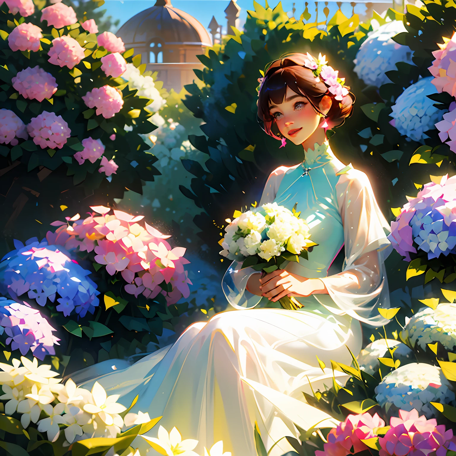 A beautiful and smiling one、Ladies with short and medium hair wear pink、High neck dress,Sit in a greenhouse garden full of flowers,There are butterflies flying around,Sunny day,Lady holding a large bouquet of colorful hydrangeas in her hand --auto