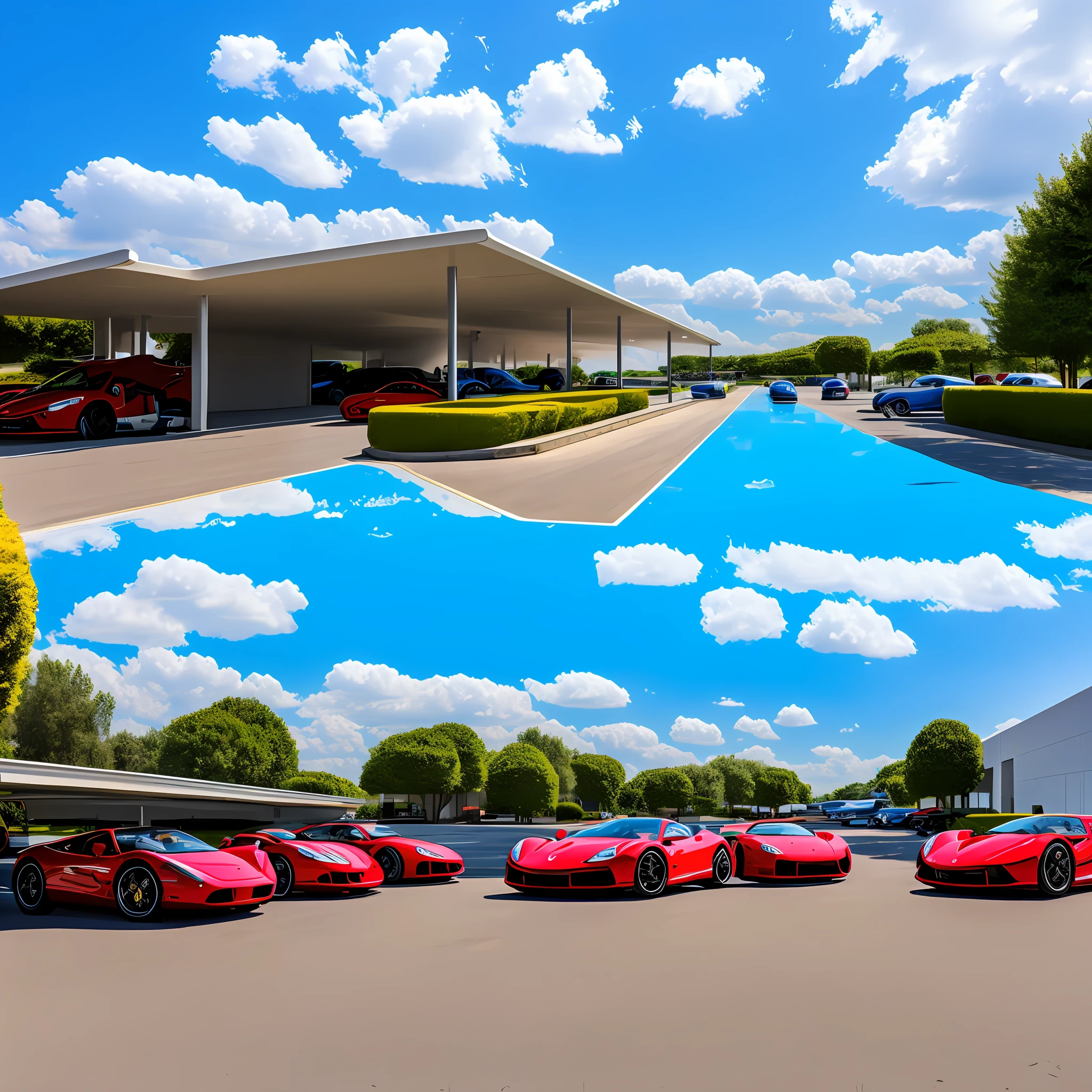Enzo Ferrari under a bright blue sky　Female model of driver　Highway parking area --auto