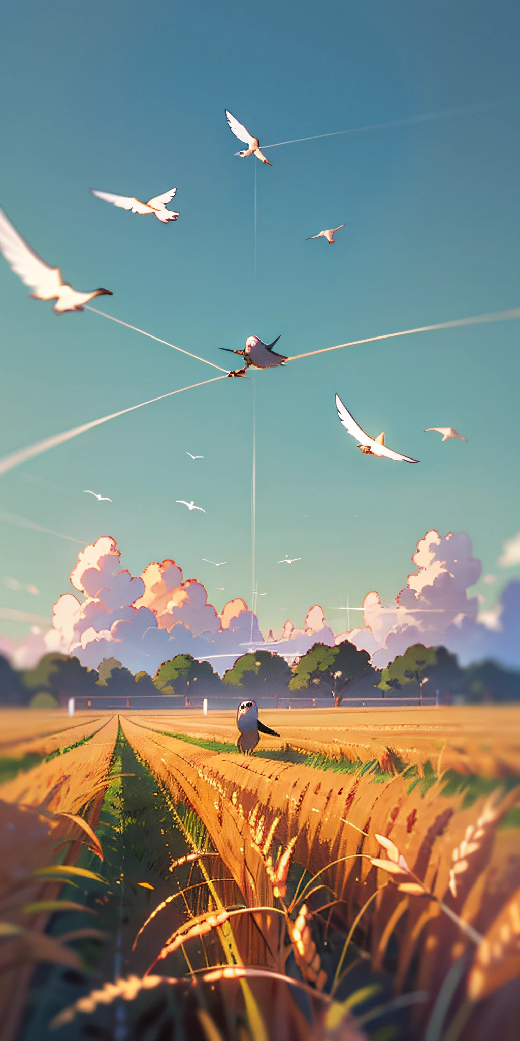 Green wheat fields with cuckoos flying in the sky