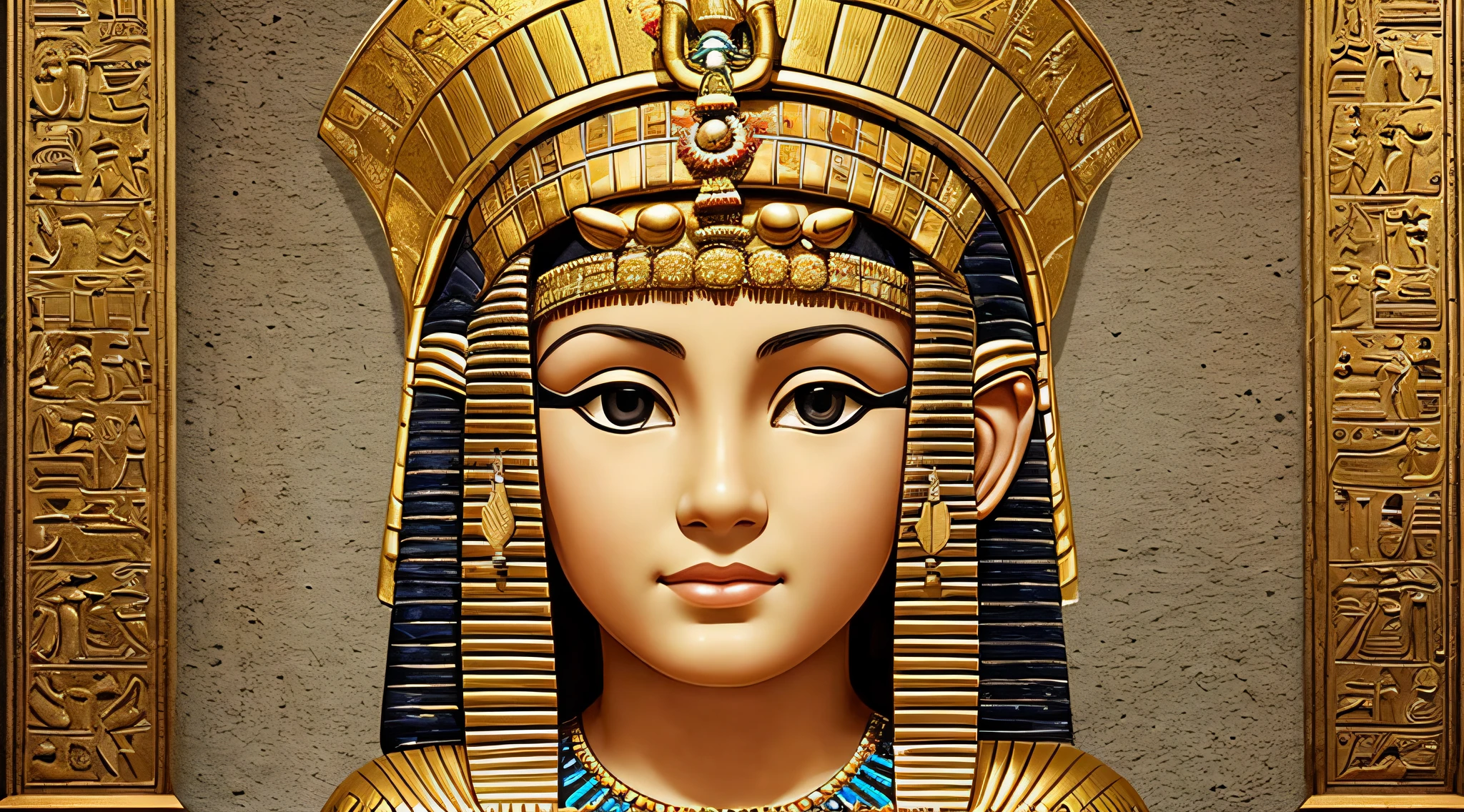 BLONDE CHILD GIRL WITH LONG HAIR, PORTRAIT of a bust of a child wearing a hat, wearing an egyptian crown, Nefertiti, ancient egyptian, egipcian, Egyptian makeup, accurate to egyptian tradition, Egyptian art, maquiagem do Egito, Beautiful and huge head ornaments, ancient egyptian art, ancient egyptian art, Egito Antigo, beautiful cleopatra, Egyptian Princess, Princesa Libu antiga