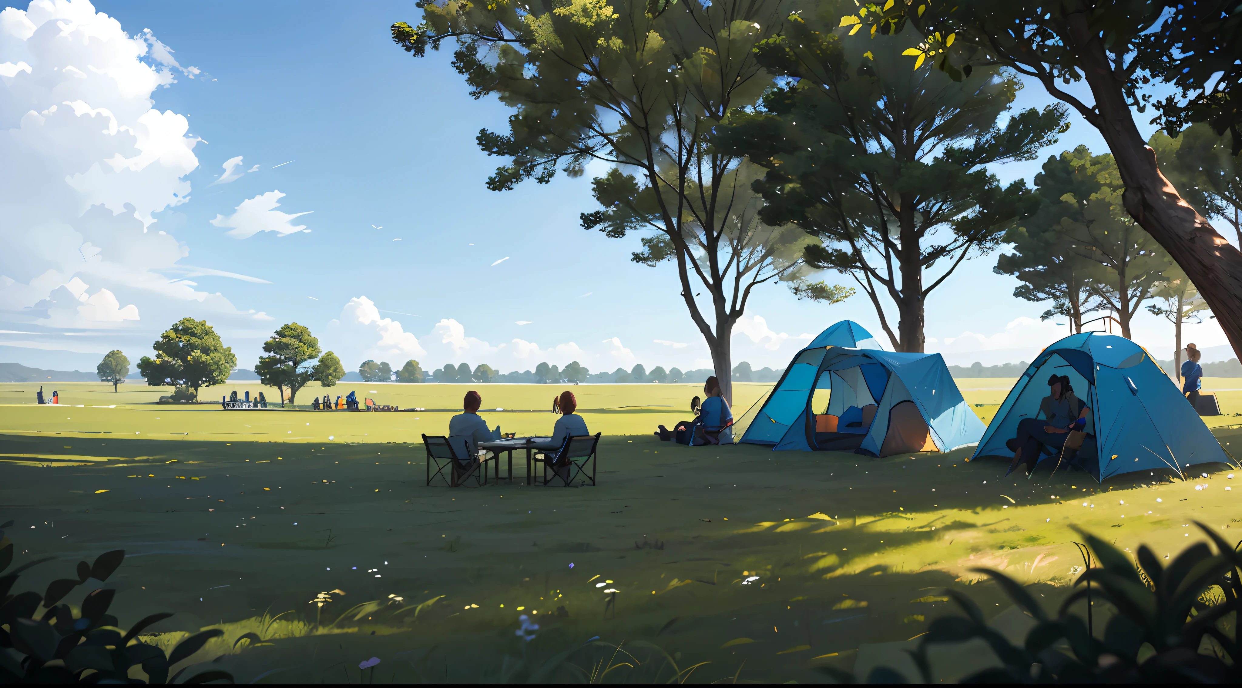 A group of young people camping in a vast meadow,Exquisite facial features,4K,blue open sky,high-definition picture quality ,3 d model,tenten