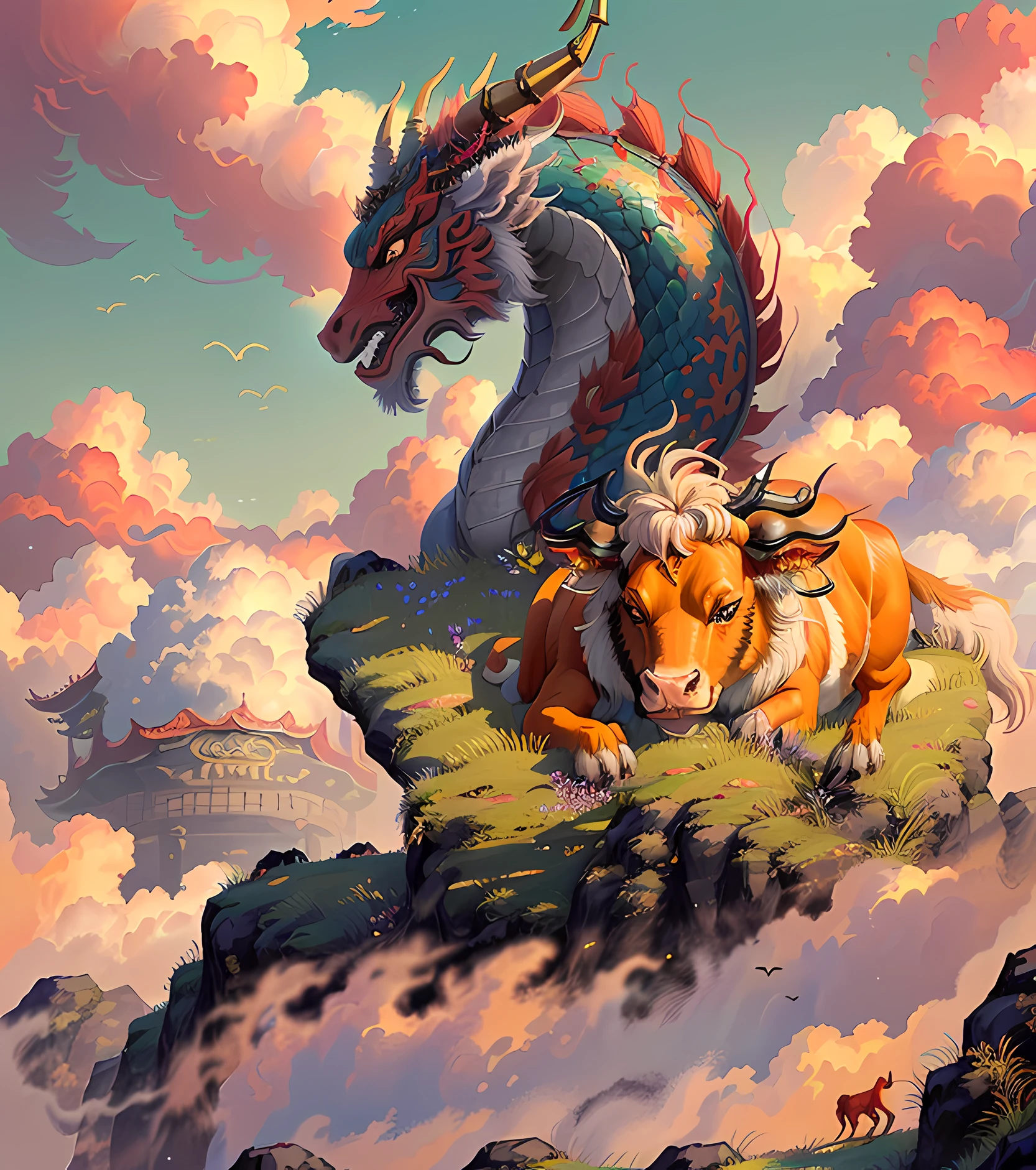 (Chinese mythology+tmasterpiece), The Red Fire Dragon soared into the air，Huge cows chasing on the ground，Surreal color photo of cute little fire dragon and golden calf, Chinese zodiac elements based on dragons and cows, The fire dragon faces the camera，The little golden calf has his back to the camera，Look back at the camera. —c 10 —ar 2:3 Behind the viewing angle，high qulity，super-fine，Detailed depiction，movie light effect，4K分辨率