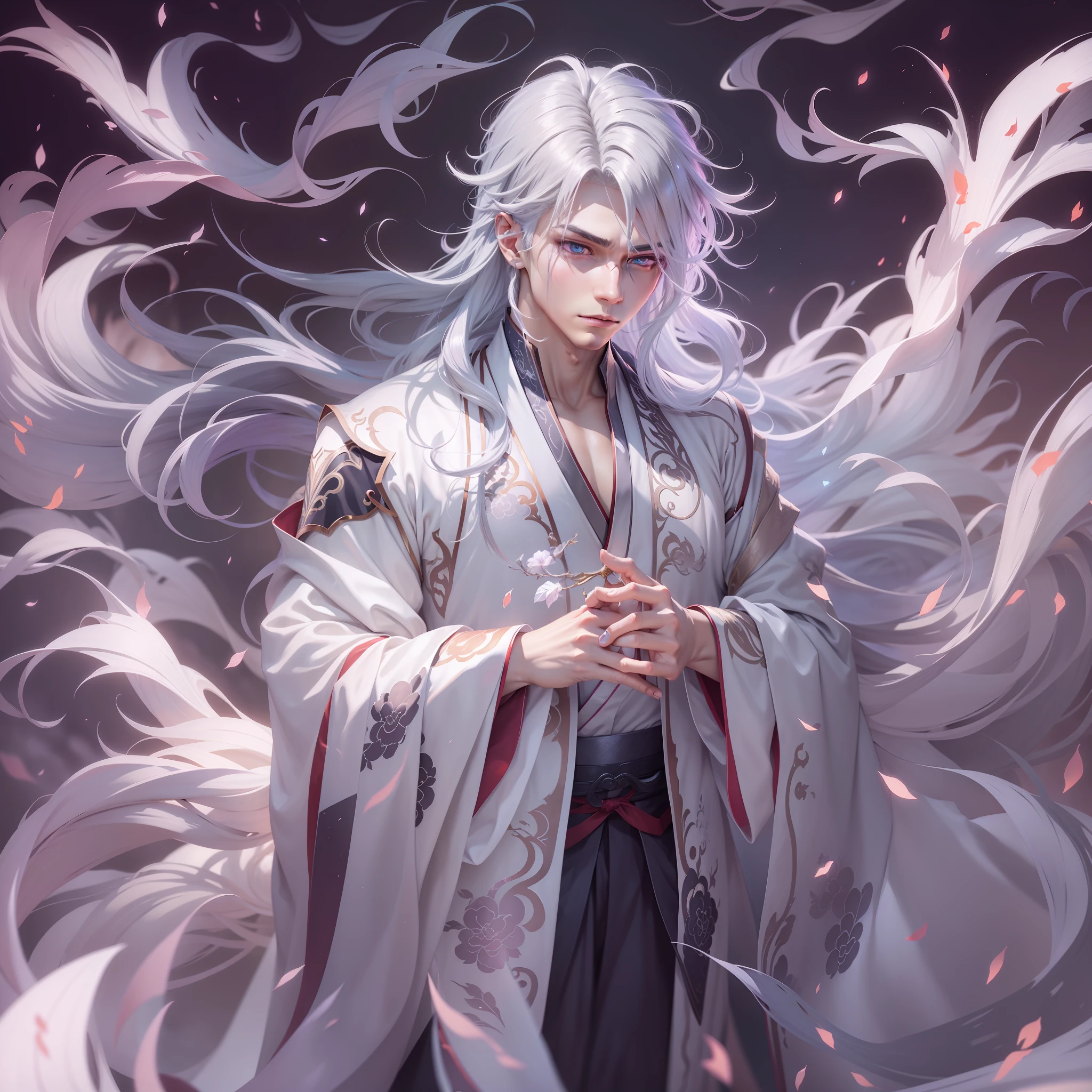 silver hair, gradient eyes, Surrealism, high detail, anime, cinematic lighting, move chart, panorama, UHD, masterpiece, ccurate, high details, best quality, 16k，Handsome，Hanfu，The protagonist，ember，boy