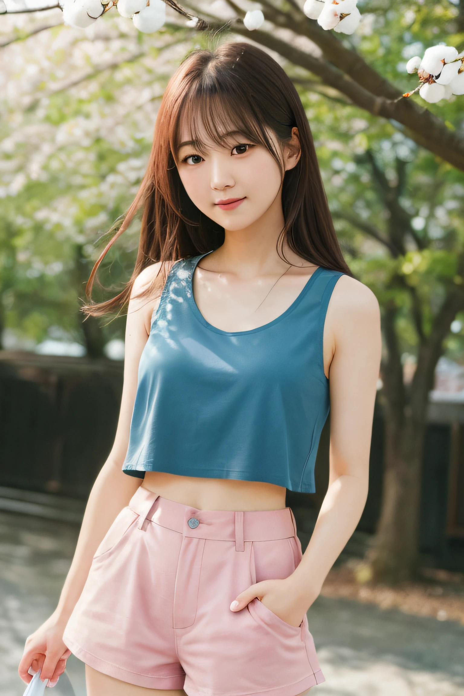 Top image quality、Top image quality、超A high resolution)、(Raw photo、Realism:1.4)、(flat-chest、small tits:1.5)、Ultra-fine and beautiful skin、 Super skinny and cute face、exceptionally detailed RAW color photo、((Cropped tank top))、((Cotton shorts))、tthin eyebrows、(outside of house、Public Sakura Park)、Look at viewers、Sun'rays、Dynamic lighting、(Elegant and beautiful face)、 (Detail skin)、(high detailing、Hyper-detailing、Convoluted)、(bloom:0.4)、softlighting、(Side lighting:0.8)、shadow casting、lightsmile、Shallow depth of field、Particle effect、Ray traching、Leica 10772 M-P、85mm Macro Lens、F/8 Aperture、Shot with film stills