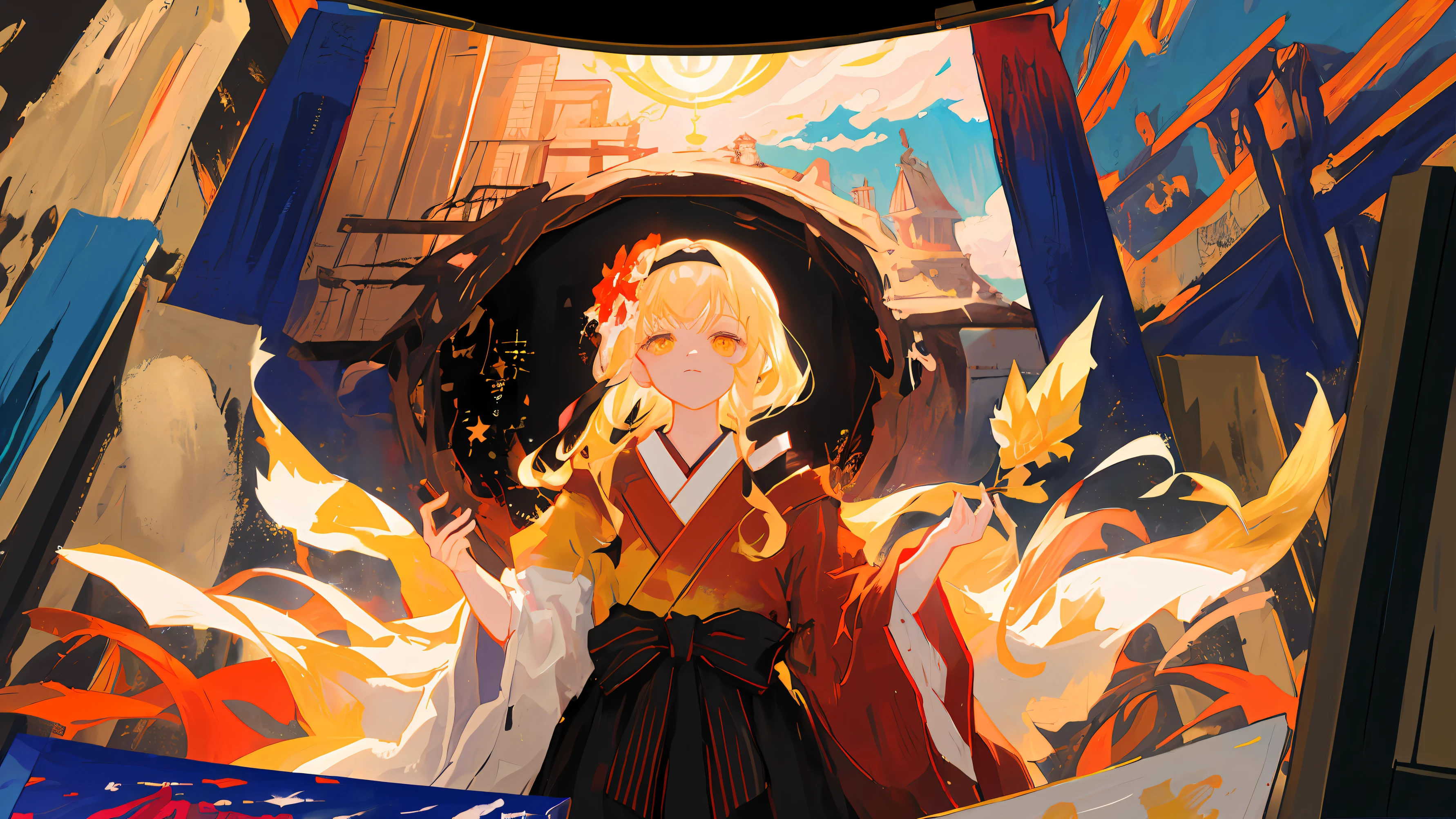 Extremely detailed Cg Unity 8K wallpaper, (illustration), ((Painting)), Best quality, full bloom, Dynamic Angle, 1girll, Solo, mahiru shiina, Yellow eyes, Glowing eyes, Blonde hair, (komono), Japanese_clothes, Fireworks, Night, Floral_print, (randomly distributed clouds),red hairband,
