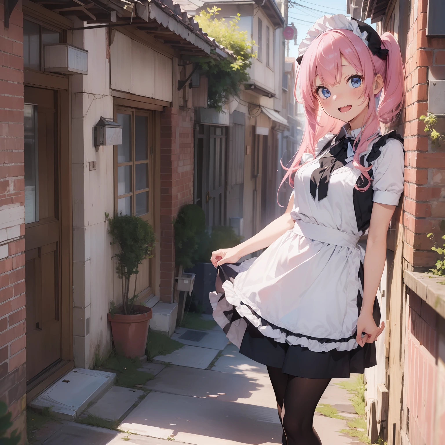 (superfine illustration:1.2),(masutepiece, 8K), (Best Quality, High quality:1.4), portlate、((Super Pastel)),Perfect Anatomy, Hyper Detailed, ultra-detailliert,masterpiece background,beautiful detailed background, V8K Wallpapers,perfect design, 1girl in, Solo,(Outstretched arms,slender, Very short sleeves,Pink hair,maid, Outstanding smile、frombelow, Cowboy Shot:1.2), (lightsmile, Open mouth, 17 years old, Pink hair, (Super long hair,Twin-tailed), Blue eyes, Blue eyes, Black blouse, Short sleeves, maid apronl, white maid apron, Long black trousers, Long pants, long boots, Slender girl), In front of the house、(How she found her lover:1.4)