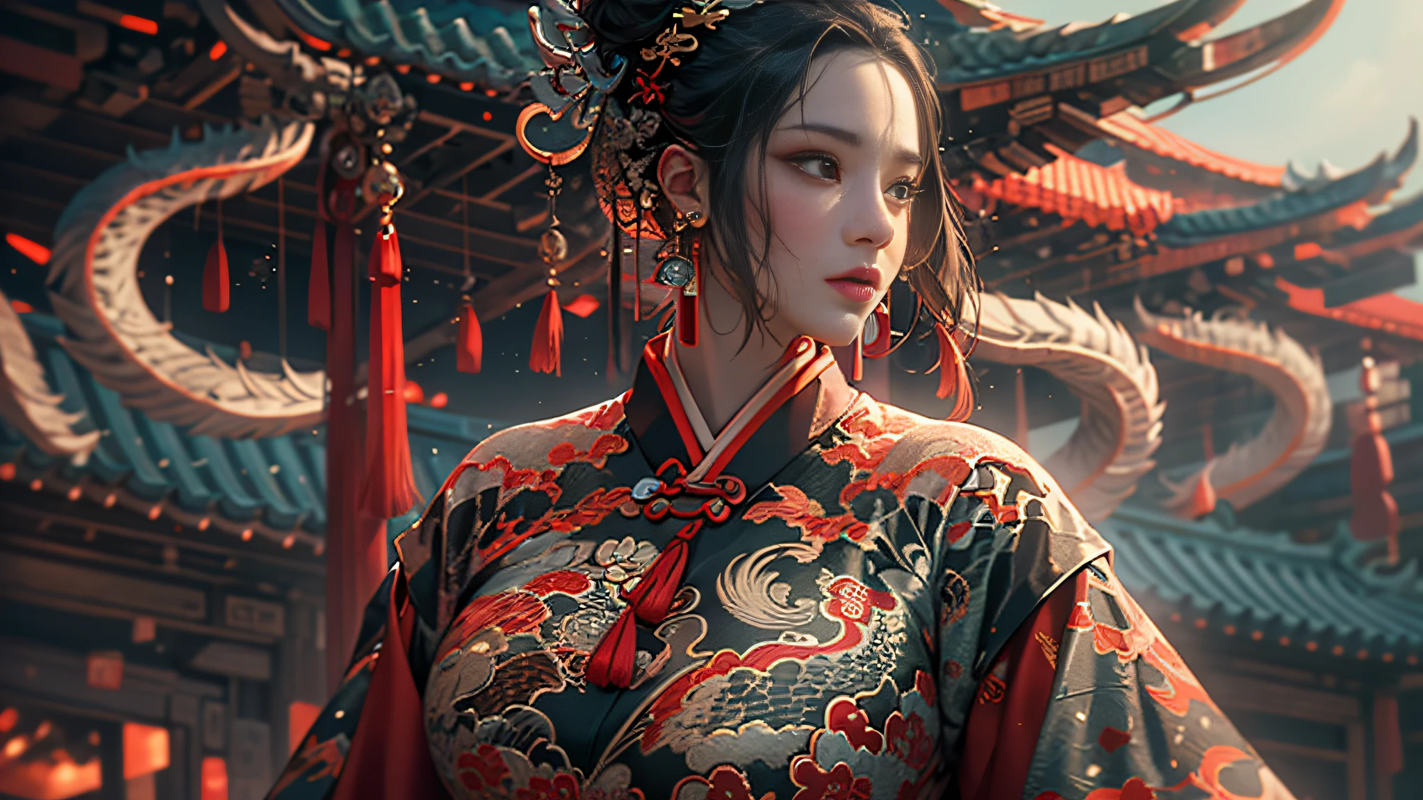 Full HD rendering + 3d octane render + Unreal Engine 5 graphics 4k UHD + huge detail + Dramatic lighting + well-illuminated + 复杂 + finely detailled + rendering by octane + Ray traching + 8K + Clear focus +hight contrast,
Chinese_clothes,Cyberhanfu,on cheongsam,
Surrounded by dragons,