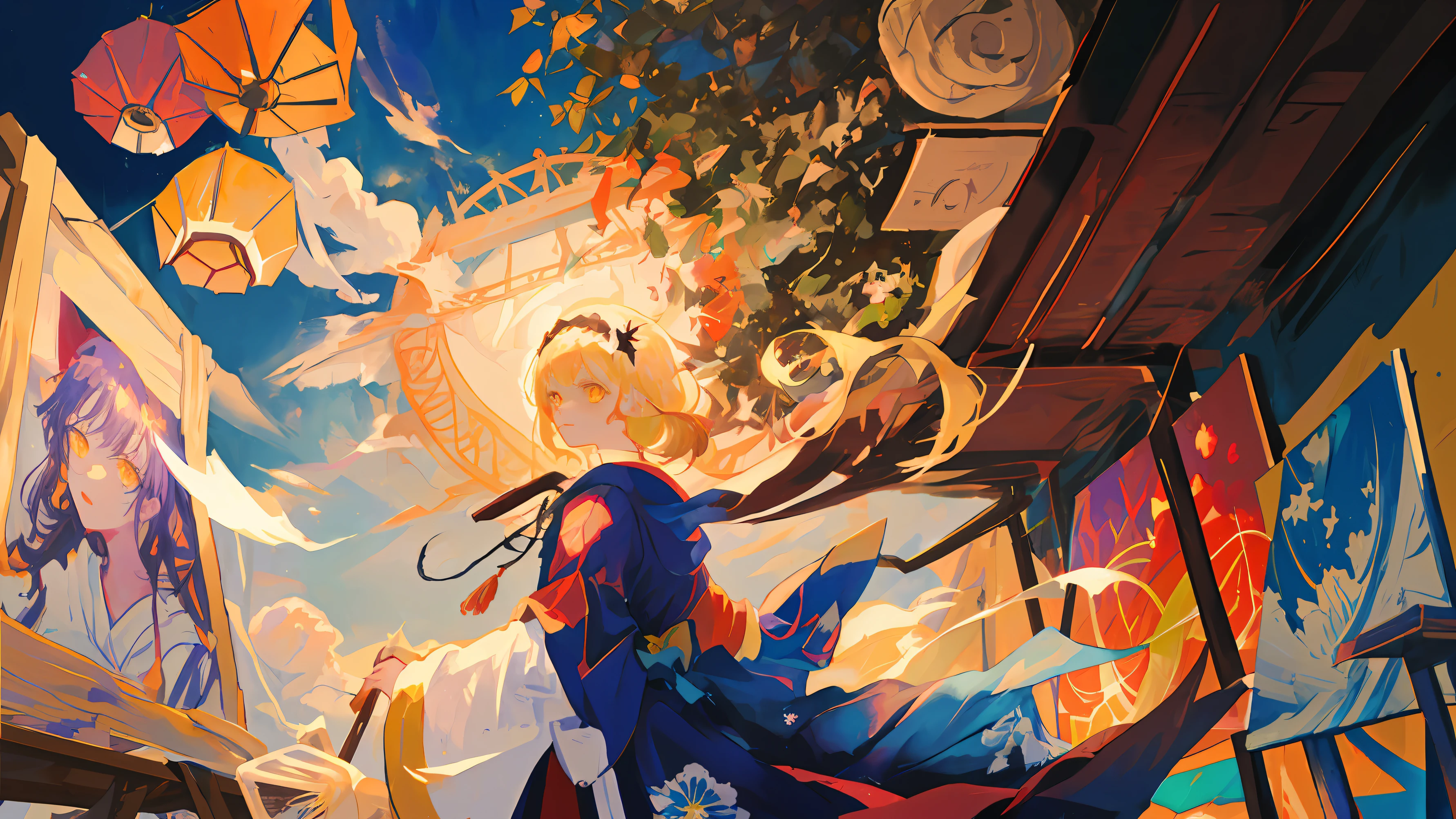 Extremely detailed Cg Unity 8K wallpaper, (illustration), ((Painting)), Best quality, full bloom, Dynamic Angle, 1girll, Solo, mahiru shiina, Yellow eyes, Glowing eyes, Blonde hair, (komono), Japanese_clothes, Fireworks, Night, Floral_print, (randomly distributed clouds),red hairband,