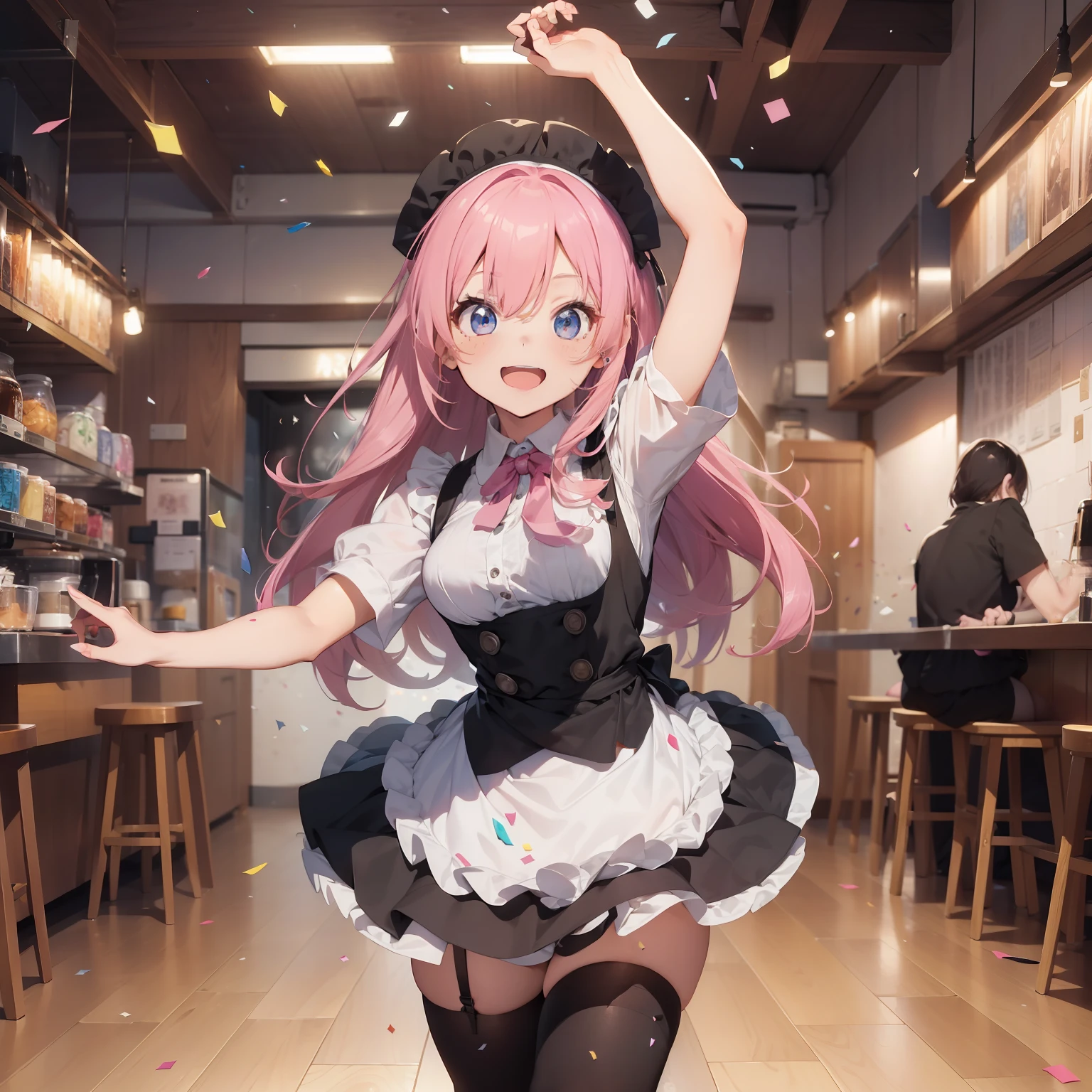 (superfine illustration:1.2),(masutepiece, 8K), (Best Quality, High quality:1.4), portlate、((Super Pastel)),Perfect Anatomy, Hyper Detailed, ultra-detailliert,masterpiece background,beautiful detailed background, V8K Wallpapers,perfect design, 1girl in, Solo, (Singing and dancing:1.4),(Confetti:1.4),(One-handed microphone)、)(Outstretched arms,slender, Very short sleeves,Pink hair,maid, Outstanding smile、frombelow, Cowboy Shot:1.2), (lightsmile, Open mouth, , Pink hair, (Super long hair,Twin-tailed), Blue eyes, Blue eyes, Black blouse, Short sleeves, maid apronl, white maid apron, Long black trousers, Long pants, long boots, Slender girl), (Inside a coffee shop in a fantasy world of medieval Europe)、(dynamic motion)、