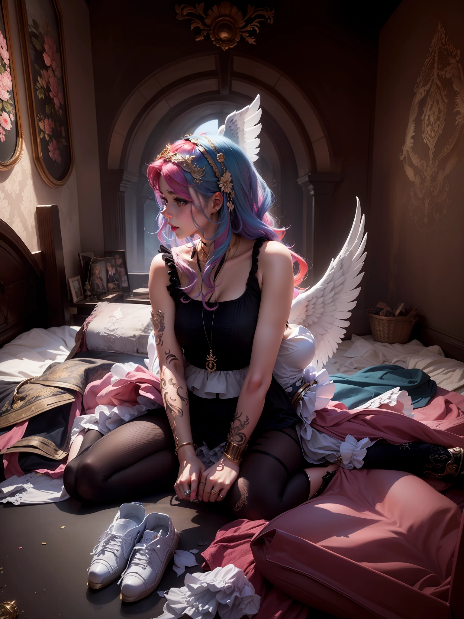 Masterpiece, best quality, ultra detailed, beautiful angel wings, beautiful girly outfit, multicolored hair --auto