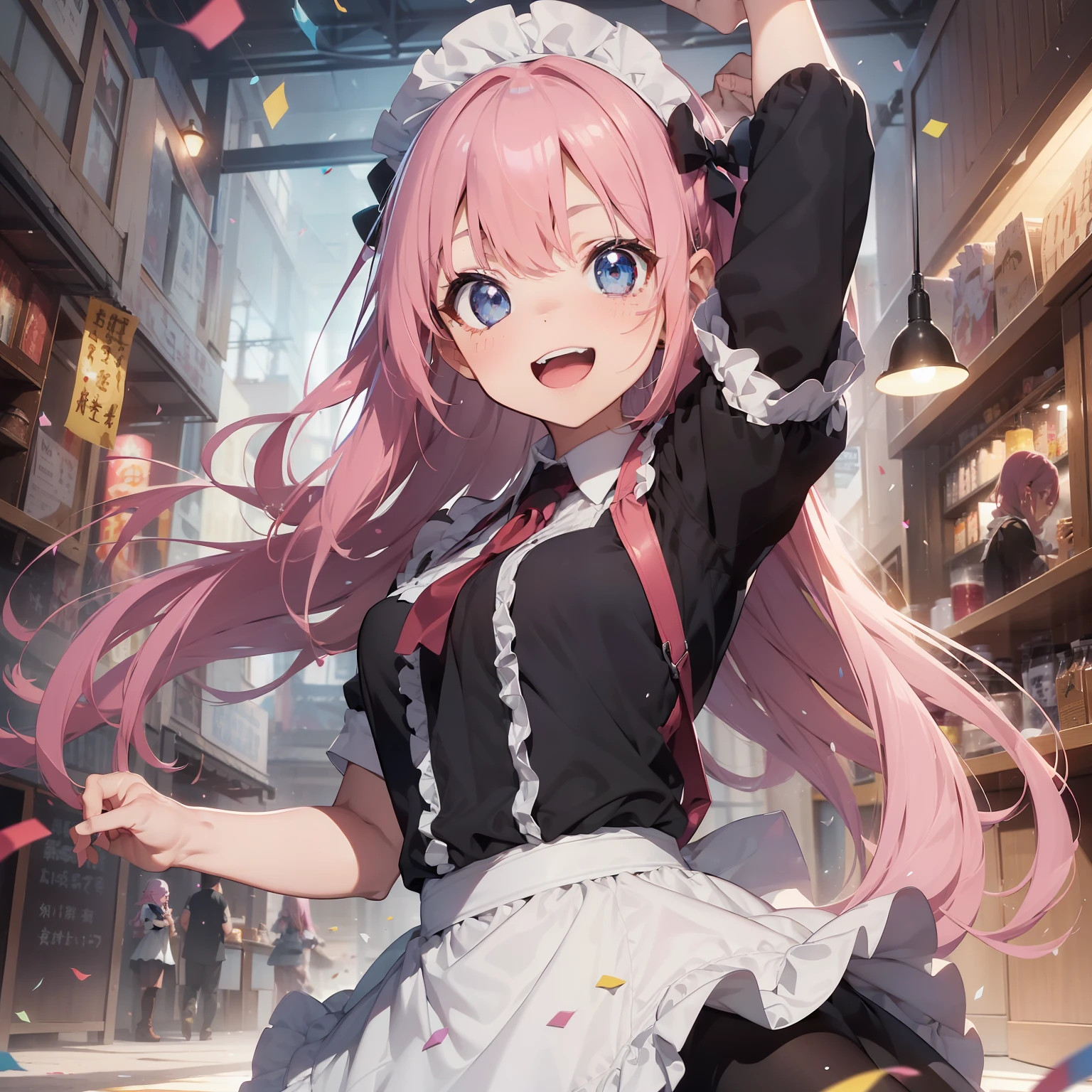 (superfine illustration:1.2),(masutepiece, 8K), (Best Quality, High quality:1.4), portlate、((Super Pastel)),Perfect Anatomy, Hyper Detailed, ultra-detailliert,masterpiece background,beautiful detailed background, V8K Wallpapers,perfect design, 1girl in, Solo, (Singing and dancing:1.4),(Confetti:1.4),(One-handed microphone)、)(Outstretched arms,slender, Very short sleeves,Pink hair,maid, Outstanding smile、frombelow, Cowboy Shot:1.2), (lightsmile, Open mouth, 17 years old, Pink hair, (Super long hair,Twin-tailed), Blue eyes, Blue eyes, Black blouse, Short sleeves, maid apronl, white maid apron, Long black trousers, Long pants, long boots, Slender girl), (Inside a coffee shop in a fantasy world of medieval Europe)、(dynamic motion)、