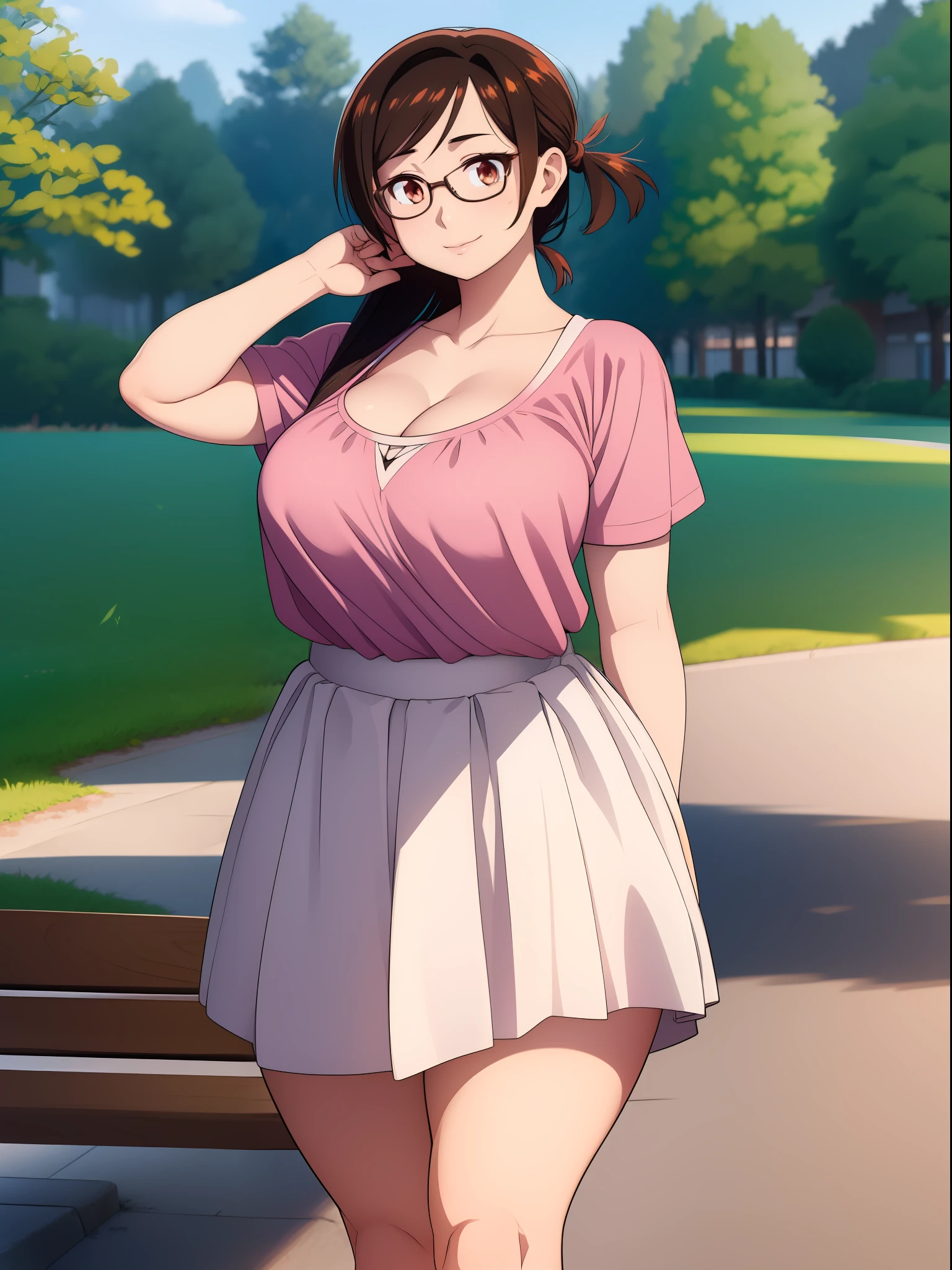 ((((kipteitei art)))), ((highres)),Masterpiece, high quality, best quality, beautiful, perfect lighting, detailed face, ultra cute face, ((1girl)), ((solo)), (((chizuru))), pink shirt, frilled shirt, ((white skirt)), glasses, looking at viewer, cute smile, sweet, standing, hands clasped, cute pose, cowboy shot, city park, daytime, trees, lampposts, benches, medium breasts, perky breasts, (wide hips), (thick thighs), thicc,