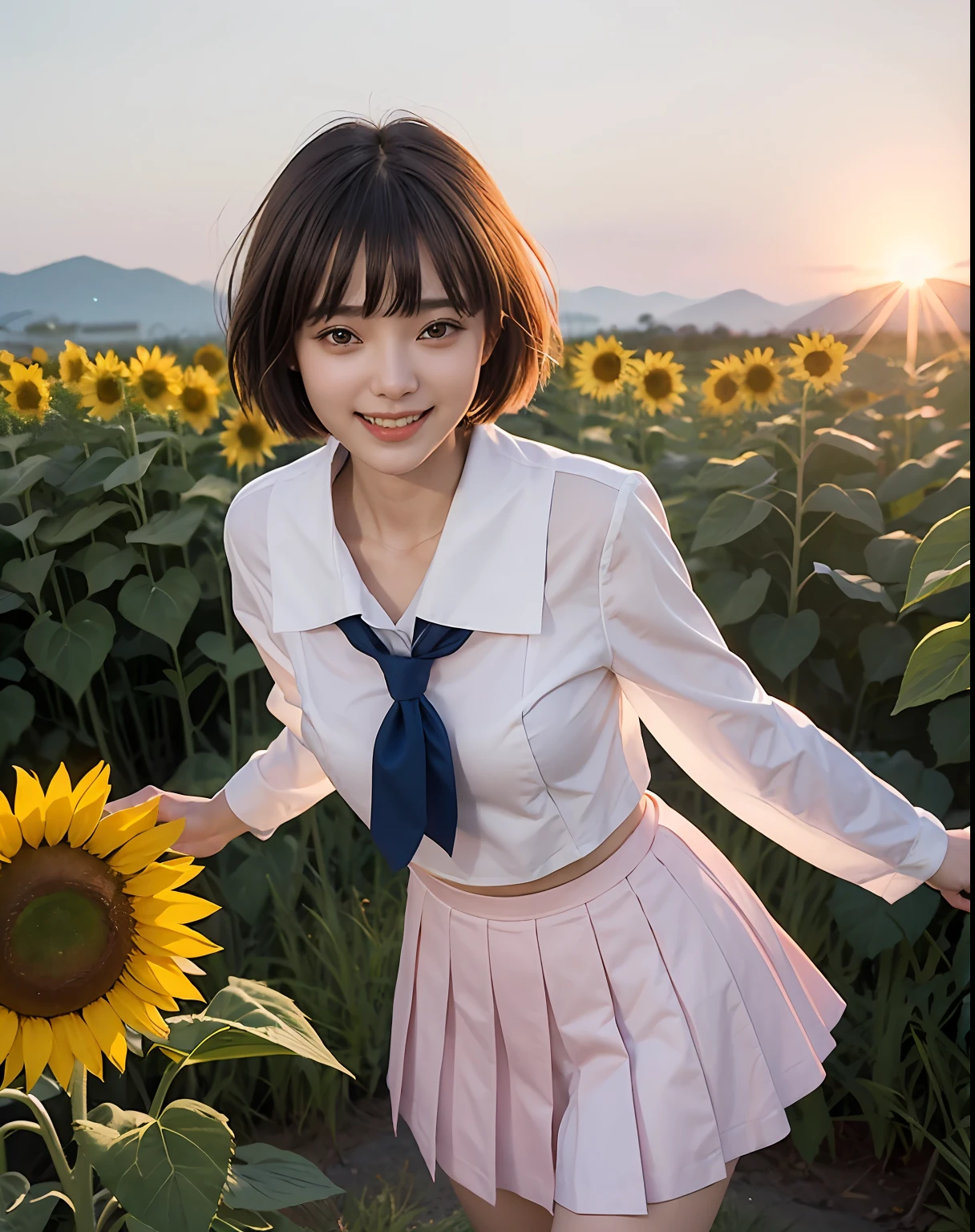 zydG, 1girl, More skin, toView, brown-eyed, (Shorthair with bangs:1.2), (middlebreast:1.0), (medium areolae:0.8),
(Photorealsitic:1.4), (Top image quality:1.0), (超A high resolution:1.0), 8K, RAW Photography, (​masterpiece:0.2), (pureerosface_v1:0.5)high-level image quality。Beautiful morning sun overlooking the sunflower field、A smiling 22-year-old standing there、The image of a Japan schoolgirl shines。She wears a pale pink sailor suit.、Short skirt swaying in the wind。