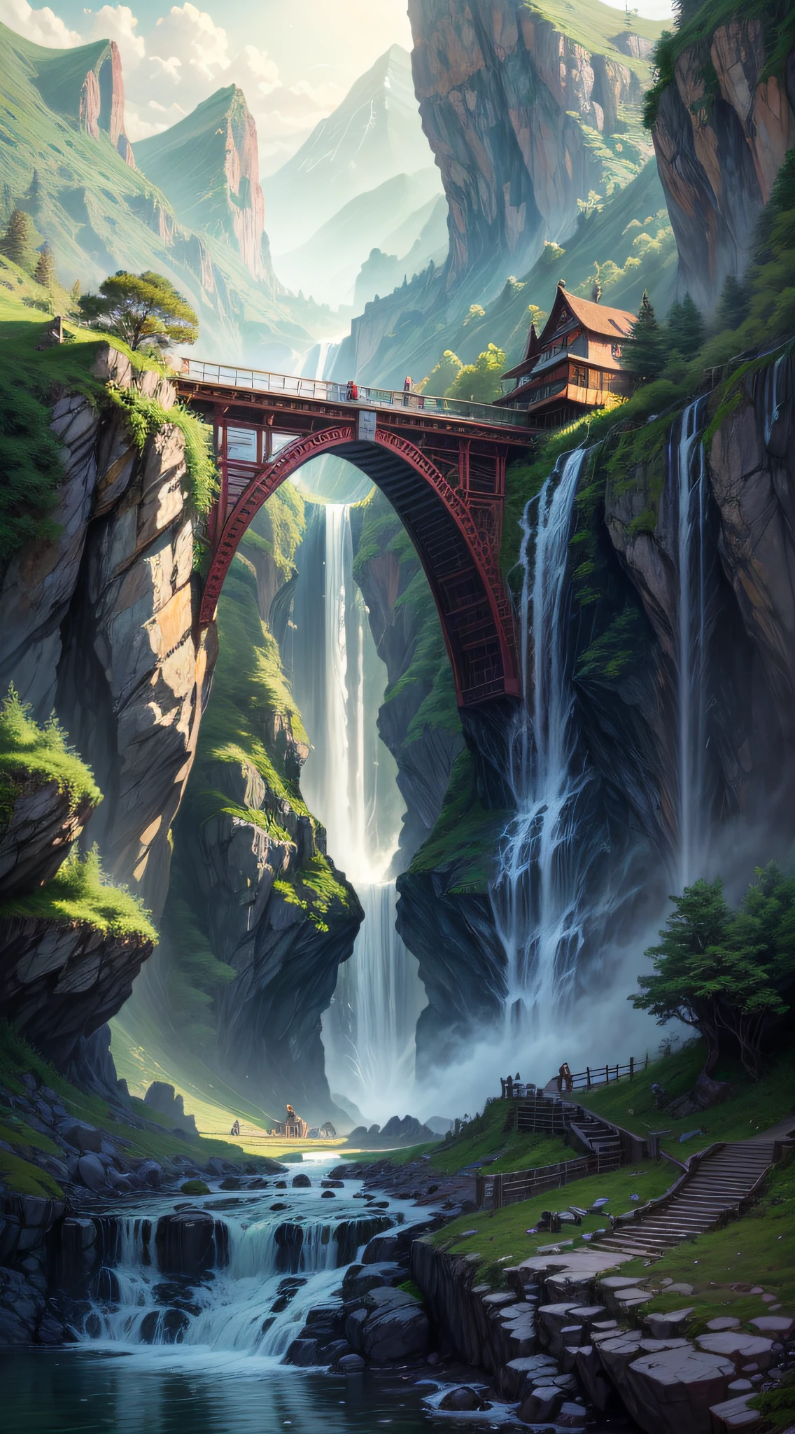 A magical place,Brightly colored waterfalls, Mountain, A bridge and a city leading to Olisante, 8K
