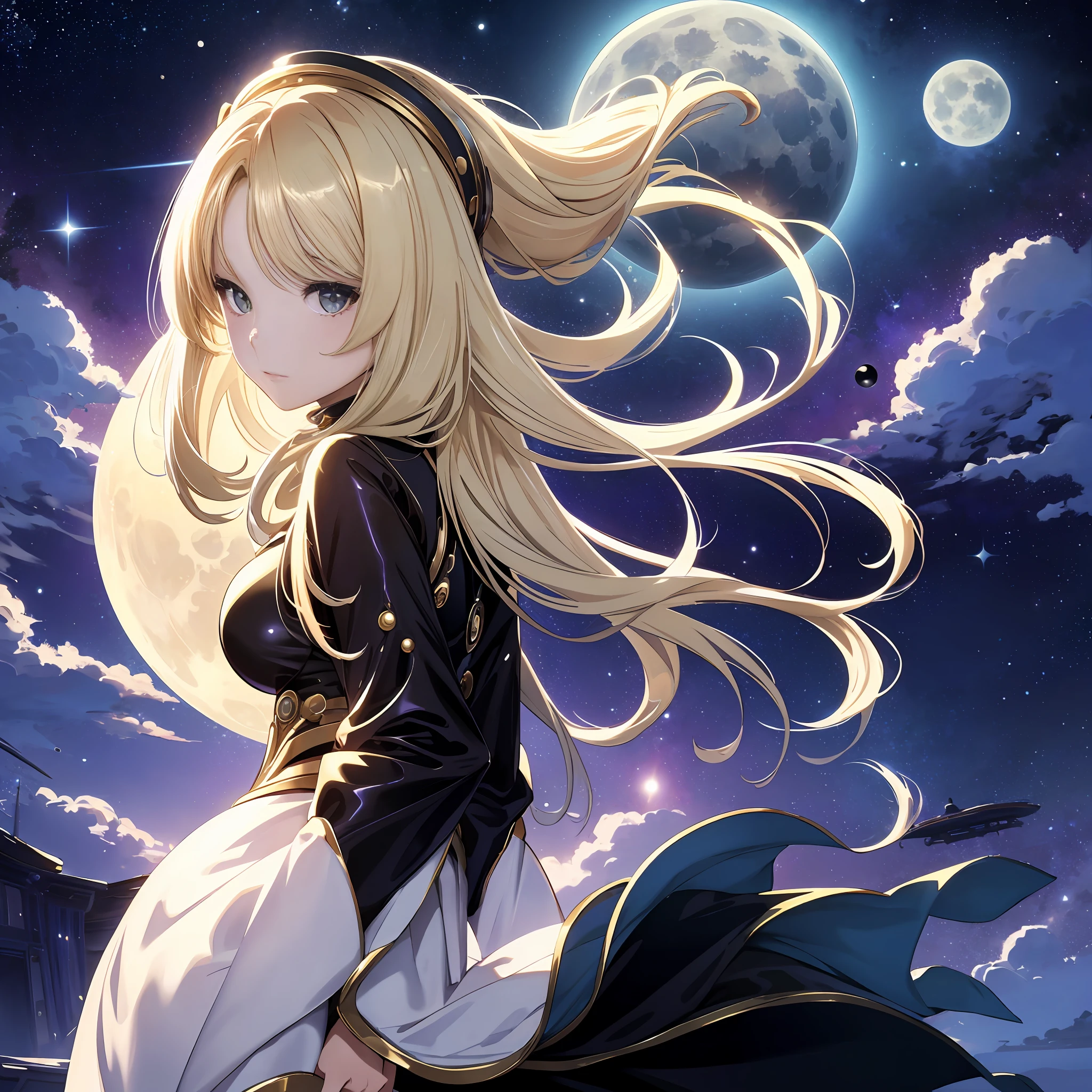 Galaxy Express999、One lady、Beautiful moon、Woman staring at the moon、extremely beautiful lady、The upper part of the body、a blond、4KCG