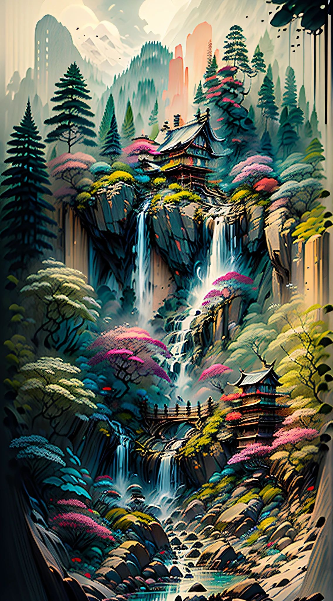 A magical place,Brightly colored waterfalls, Mountain, A bridge and a city leading to Olisante, 8K
