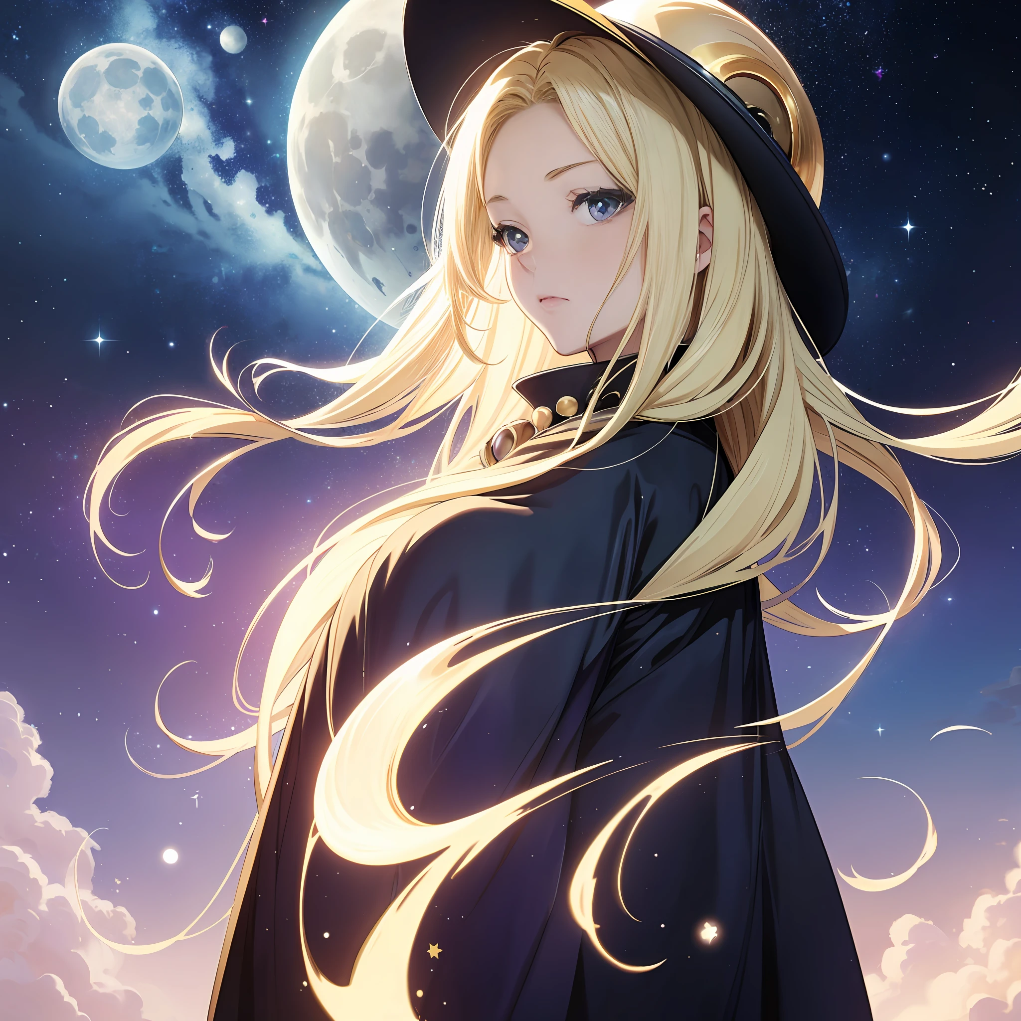 Galaxy Express９９９、One lady、Beautiful moon、Woman staring at the moon、extremely beautiful lady、The upper part of the body、a blond、４KCG