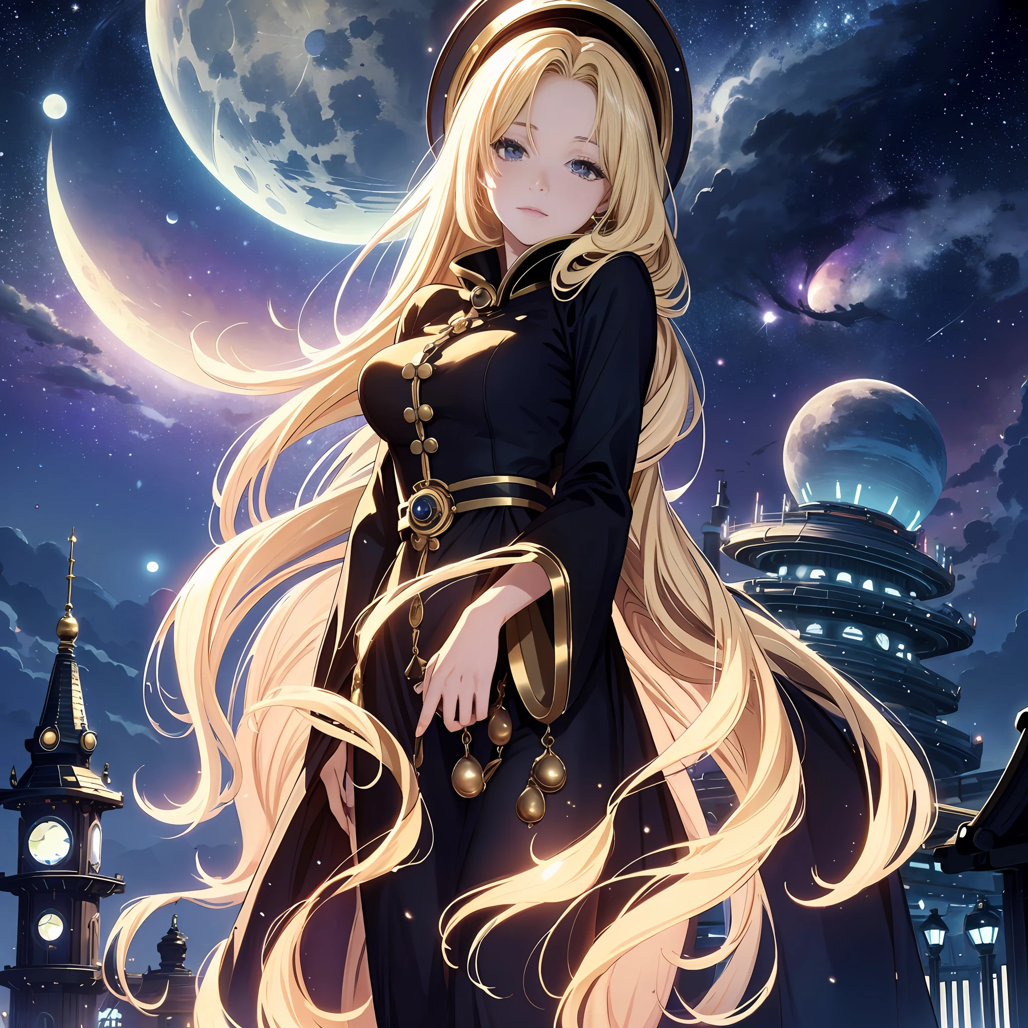 Galaxy Express999、One lady、Beautiful moon、Woman staring at the moon、extremely beautiful lady、The upper part of the body、a blond、4KCG
