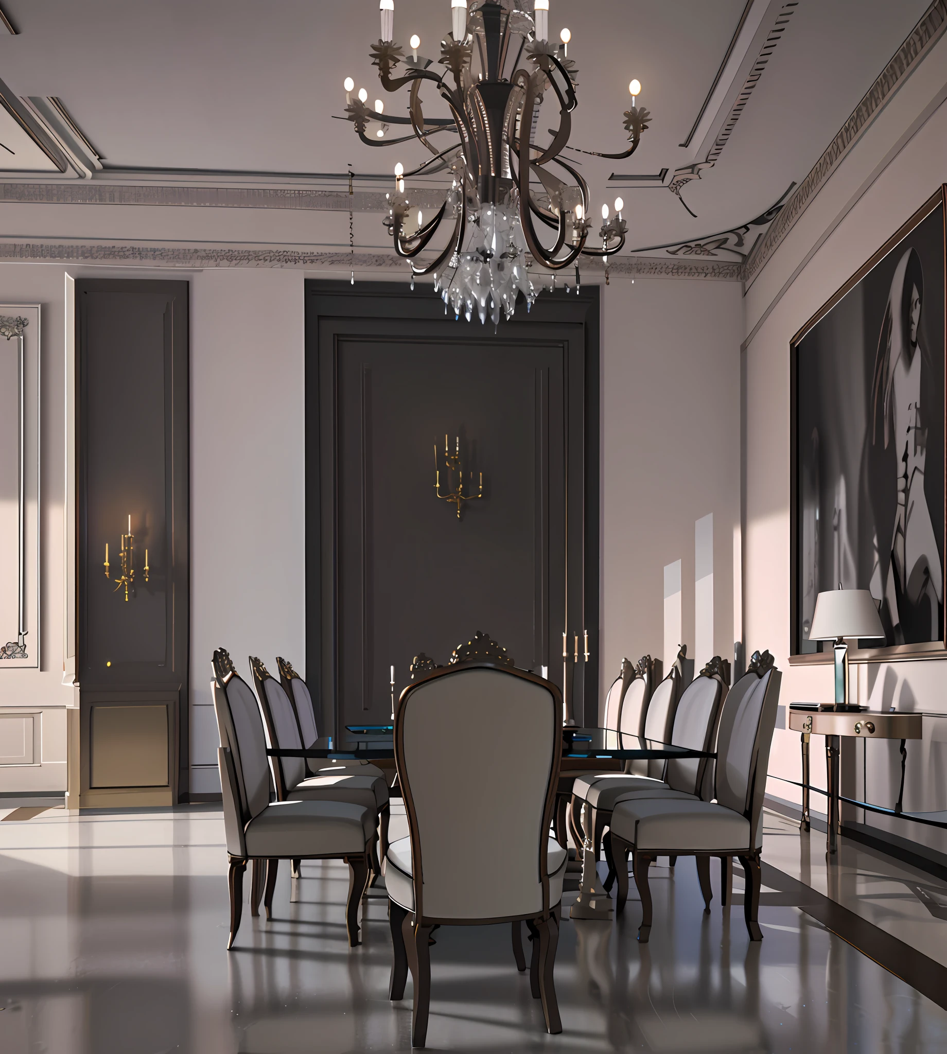 there is a large dining room with a chandelier and a table, elegant render, high quality 3d render, high quality 3 d render, neo - classical style, realistic render, very realistic 3 d render, luxury hd render, render in vray, realistic cgi render, rendered in 3 dsmax, realistic rendering, 3ds max render, masterpiece. rendered in blender