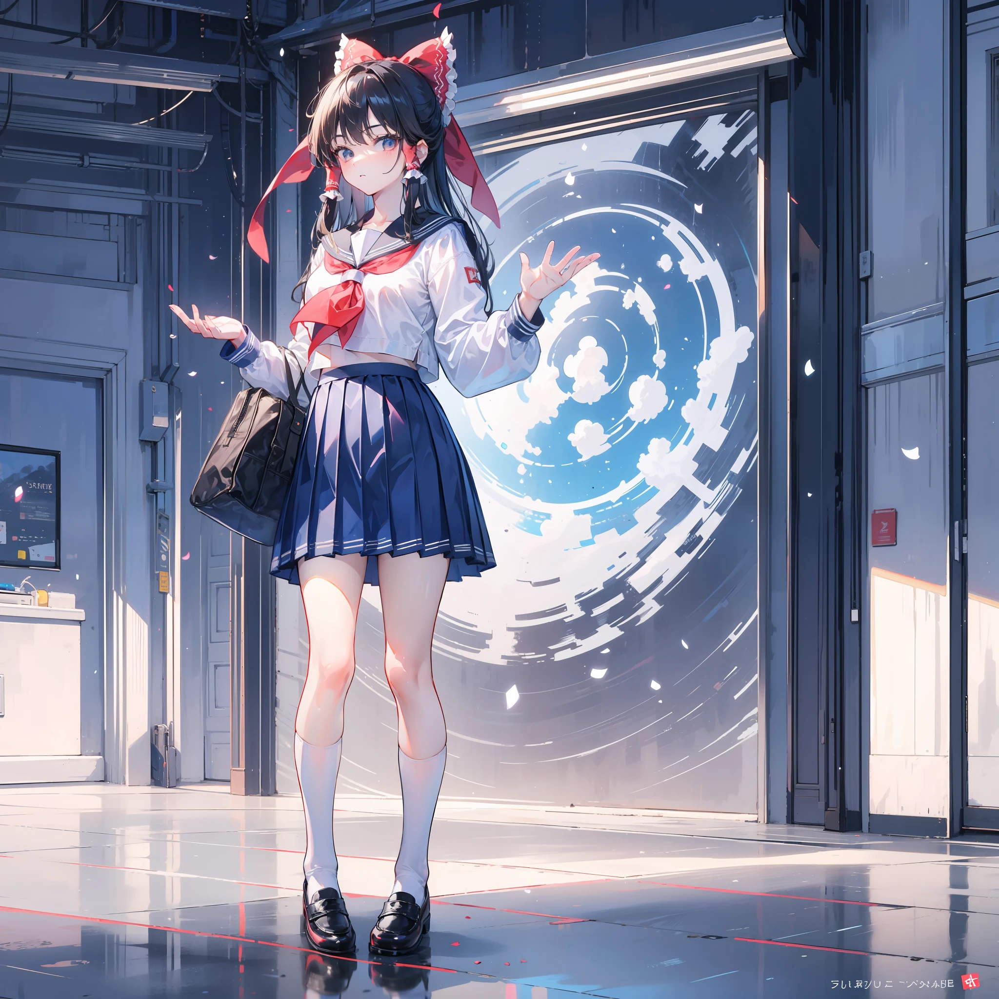 Depiction of a young woman with long hair holding a briefcase, 1 girl, solo, Reimu Hakurei, school uniform, Gohei, skirt, shoes, Serafuku, white sailor uniform, socks, Mary Janes, school background, different costume, long sleeves, black hair, full body, looking at viewer, long hair