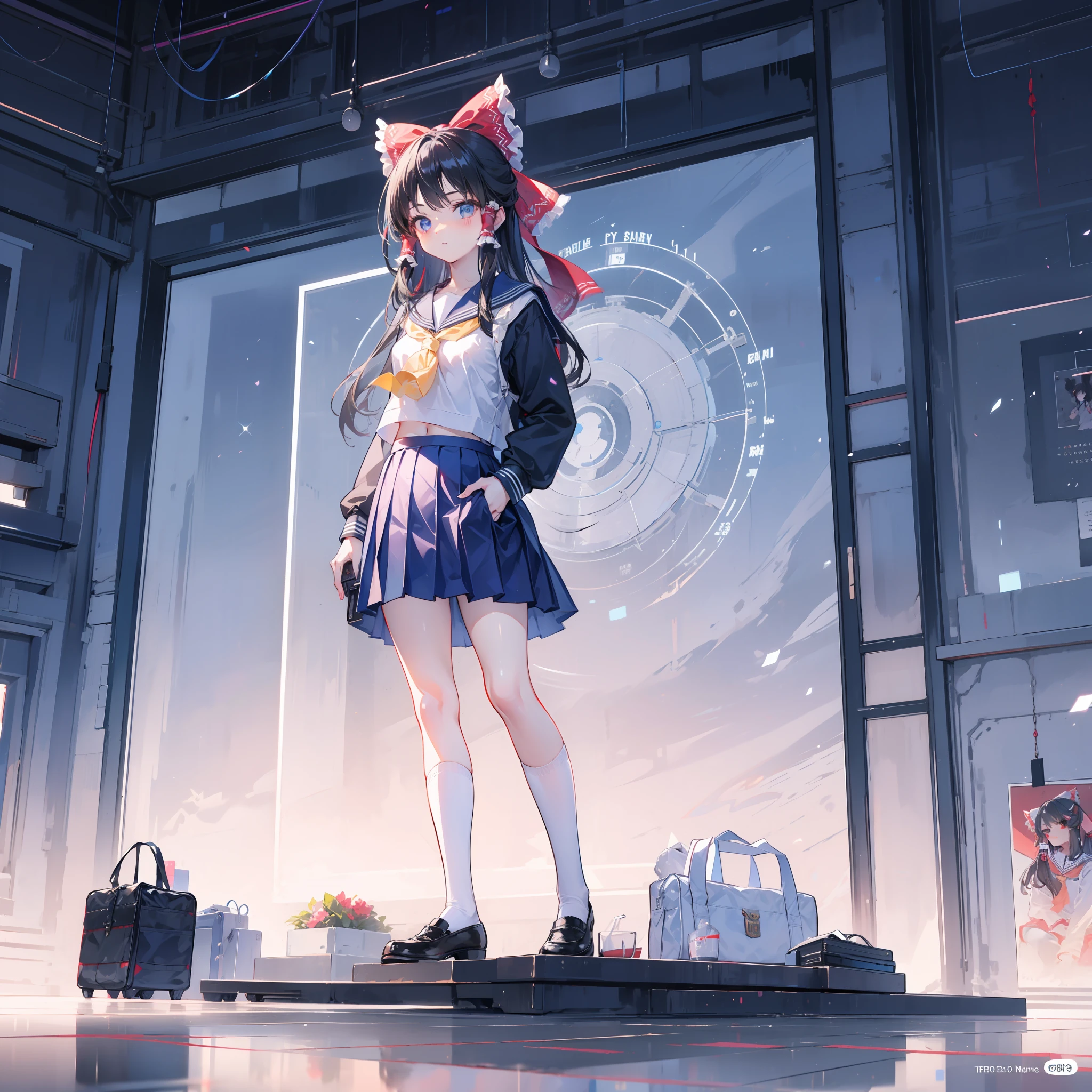 Depiction of a young woman with long hair holding a briefcase, 1 girl, solo, Reimu Hakurei, school uniform, Gohei, skirt, shoes, Serafuku, white sailor uniform, socks, Mary Janes, school background, different costume, long sleeves, black hair, full body, looking at viewer, long hair