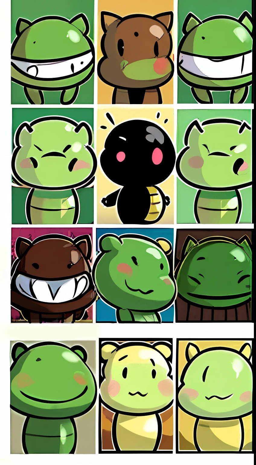 Cute turtle,Four cute poses and expressions,Smile, Sad, Angry, Anticipation. Different emotions,multiple possand expressionses,Illustrations, flatcolors, simple line 2d painting, popular artstations, Digital art, pixel style cartoons, Solid white background,lineworks, 8K