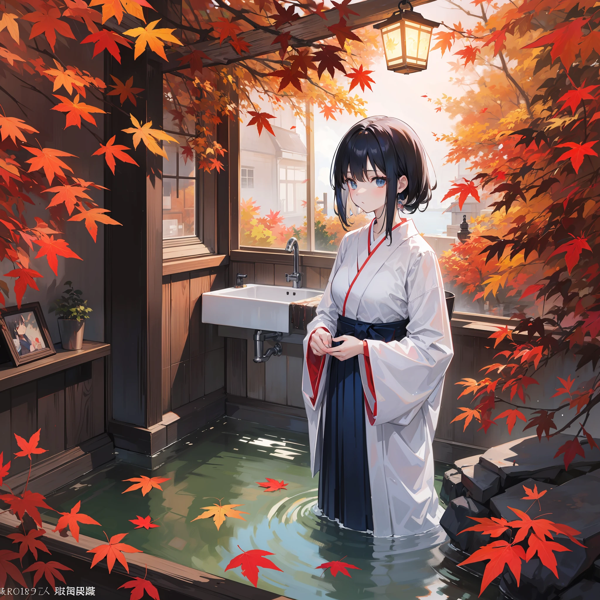 masutepiece, Fine detail, 4K, 8K, 12K, Solo, 1 person, Beautiful Girl, caucasian female, Black hair, White haori, 🍁, Pattern of autumn leaves, Dark blue hakama, soak in water, Skirt up、natta、Lantern sink