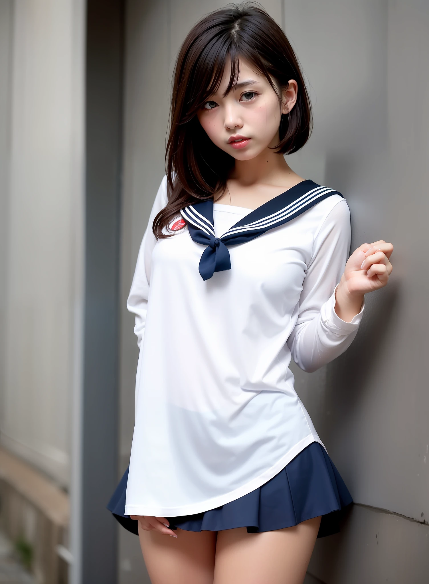 Dark hair、shorth hair、a sailor suit、a short skirt、skinny body、Holding a skirt and showing panties、White panties、Wet from rain and clothes become translucent、with round face、very droopy eyes、red-lips、hi-school girl、japanes