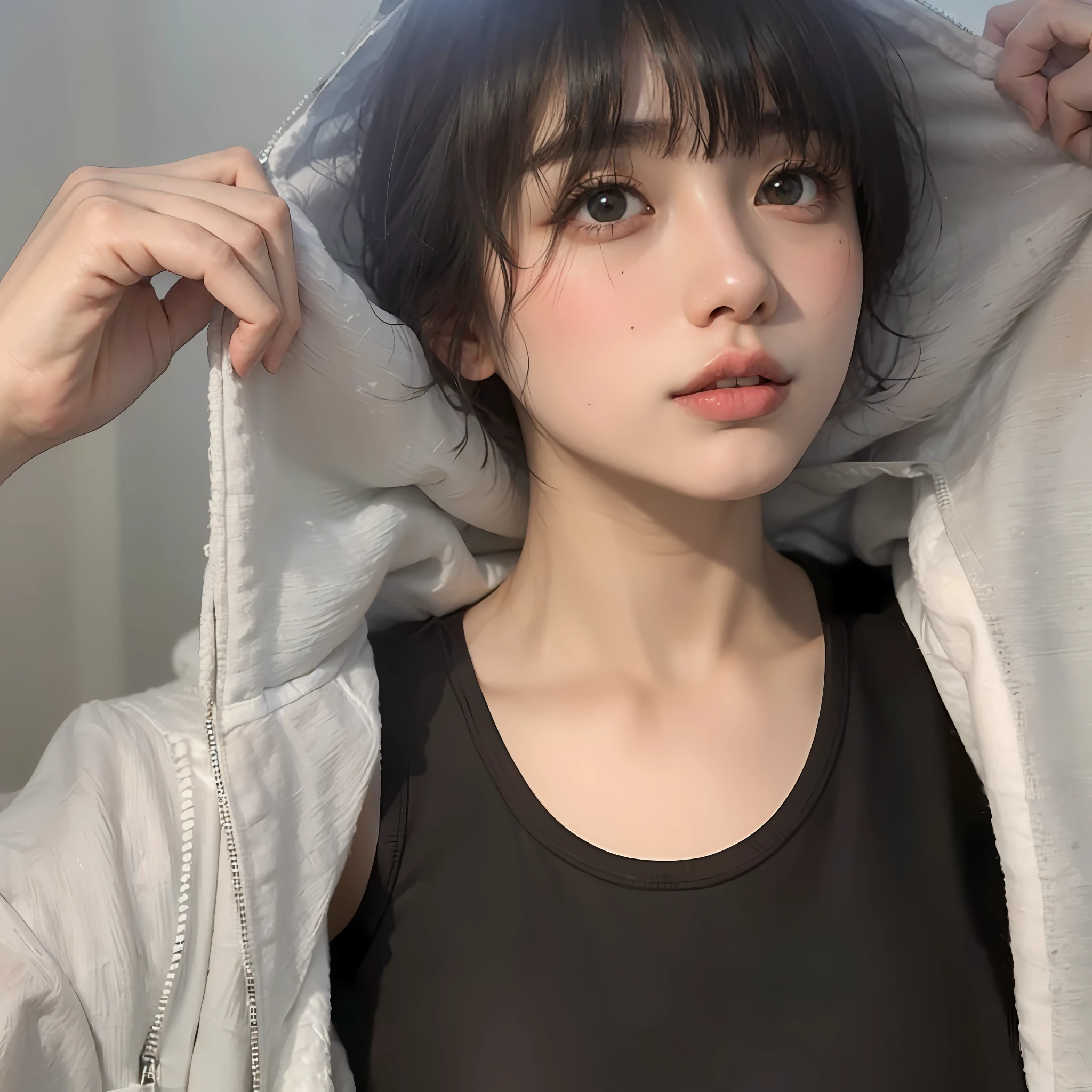 there is a woman that is wearing a hoodie and posing for a picture, 🤤 girl portrait, girl cute-fine-face, with short hair, ulzzang, young cute wan asian face, 19-year-old girl, 奈良美智, chiho, sui ishida with black hair, black haired girl wearing hoodie