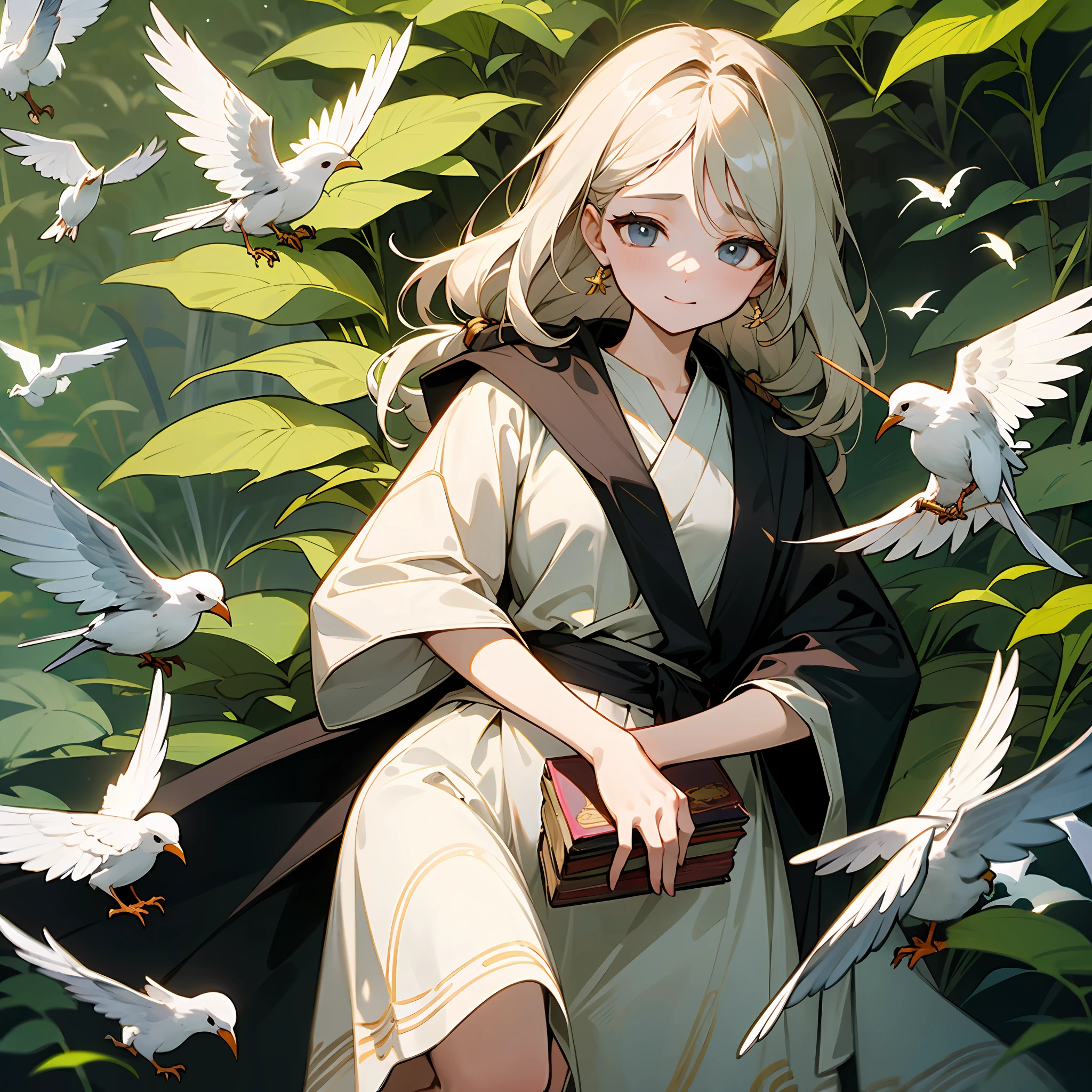A young woman walks down a garden path，She demonstrates the harmonious connection between pure wisdom and nature。She reads ancient poetry，Through the eyes and smile, The emotion and meaning of life are conveyed in poetry。She developed a trusting and tacit relationship with the birds around her。Her presence exudes a unique temperament and charm，It gives a sense of serenity and peace。 On lyrical themes related to nature poetry and the inner world。 7680*4320 high quality。Manhwa Style。 Beautiful appearance, gentle personality --auto