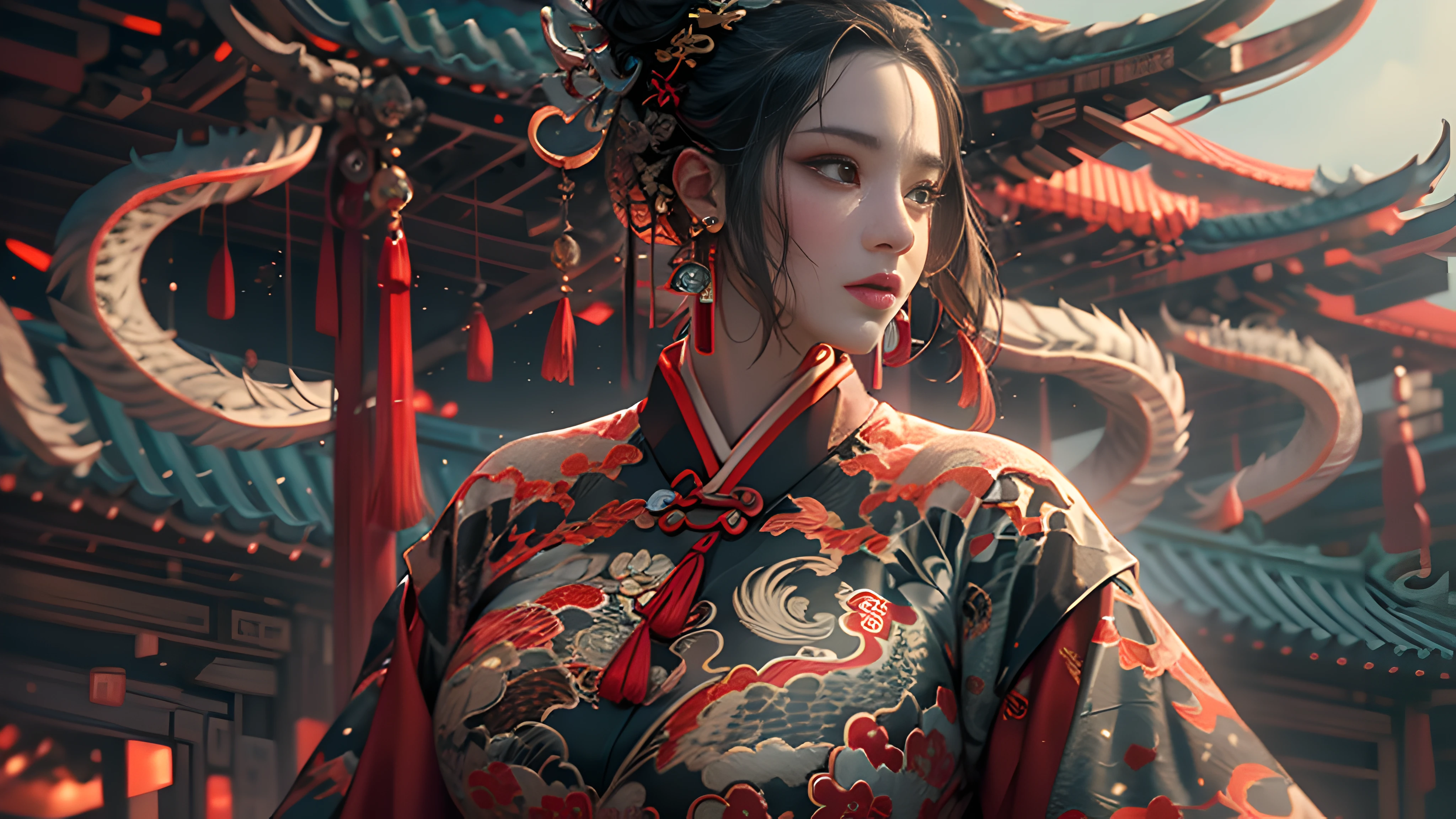 Full HD rendering + 3d octane render + Unreal Engine 5 graphics 4k UHD + huge detail + Dramatic lighting + well-illuminated + 复杂 + finely detailled + rendering by octane + Ray traching + 8K + Clear focus +hight contrast，
Chinese_clothes,Cyberhanfu,on cheongsam,
Surrounded by dragons，