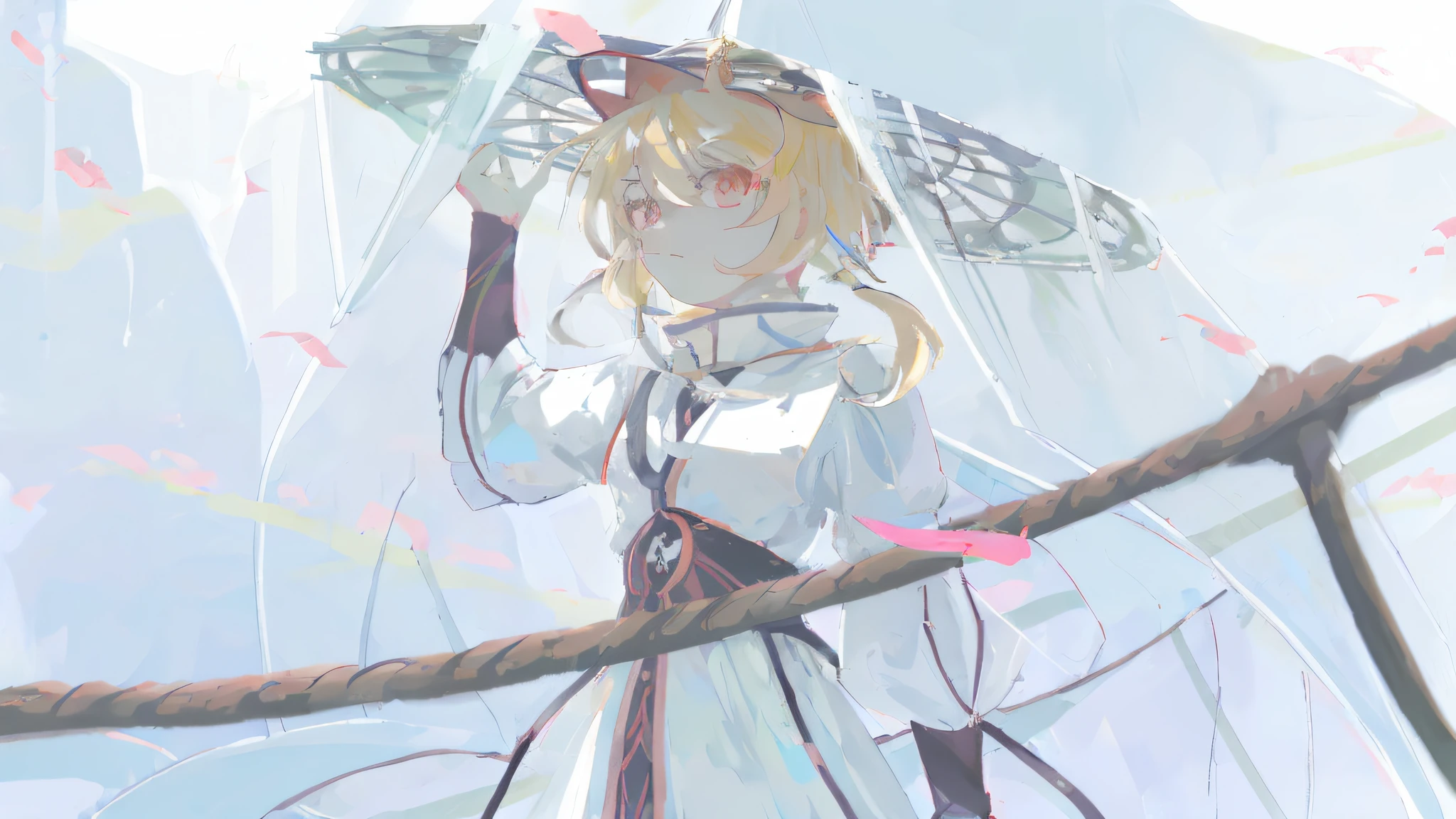 Anime girl in white dress holding umbrella，Walk on a rope, Kagamine too, Also, from touhou, author：New Art, divine ray over her head, zerochan art, demon slayer rui fanart, zerochan, author：Ei-Q, touhou character, anime style like fate/stay night, negao, Guviz, Loli --auto