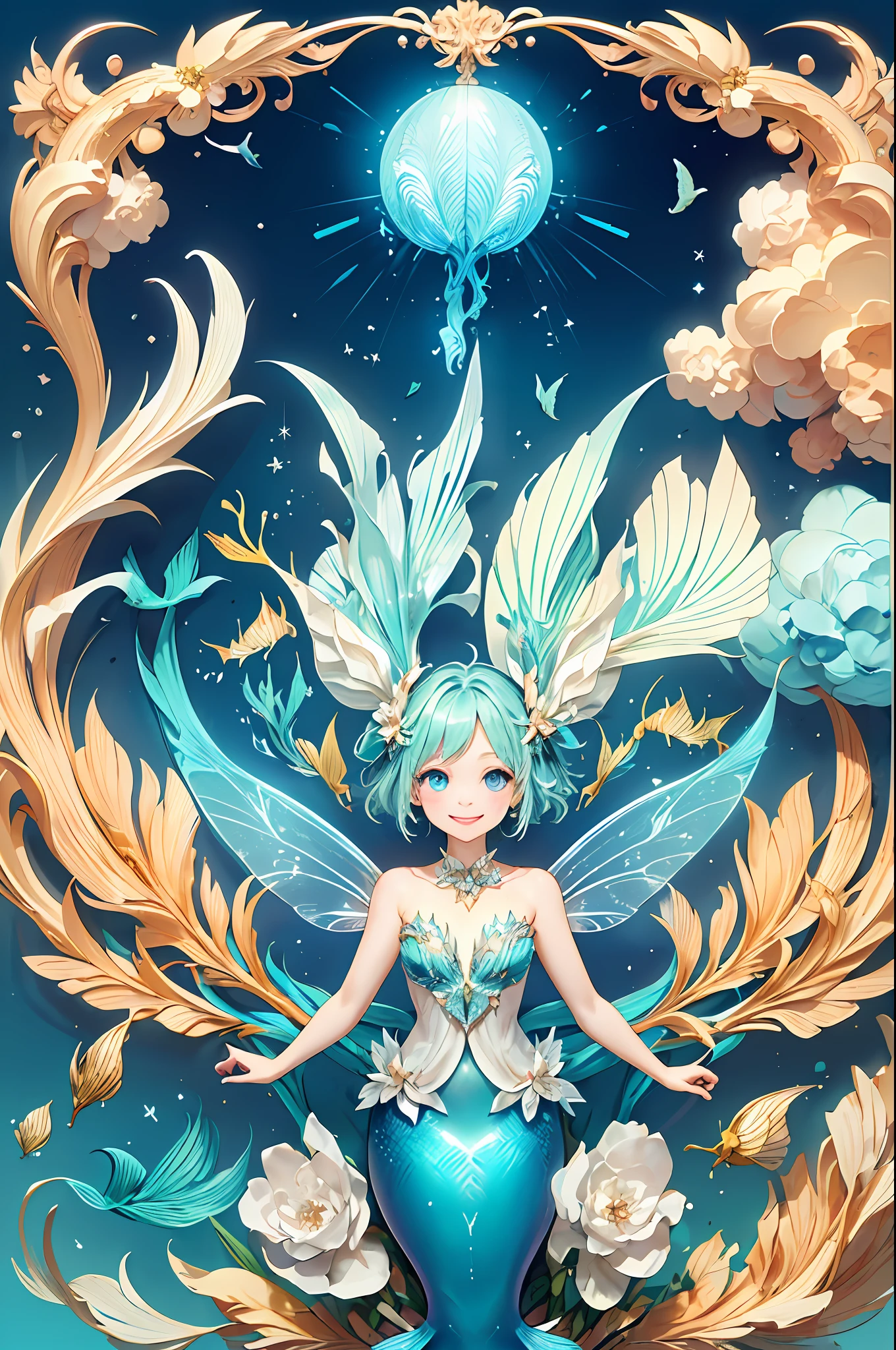 Welcome to the unknown、A fairy will guide you、kindly smile、Beautiful girl with a sense of transparency、beautiful fairies、Large transparent blade、are flying、Children's Mermaid、Smile brightly