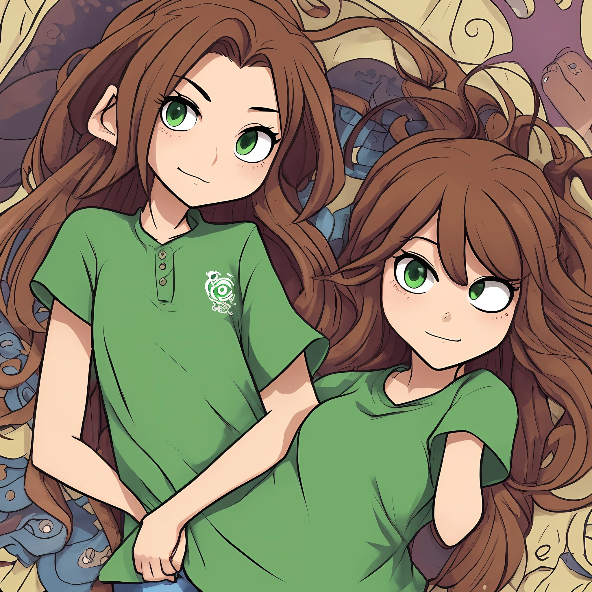 Cartoon picture of a girl in a green shirt and brown and white, art in the style of joshy sly, Grubby, cel-shaded!!!, High-quality fanart, Patrickine Content, with splatoon style, r /art, r / art, r/art, ash, By :5 sexy: 7, cel - shaded art style --auto