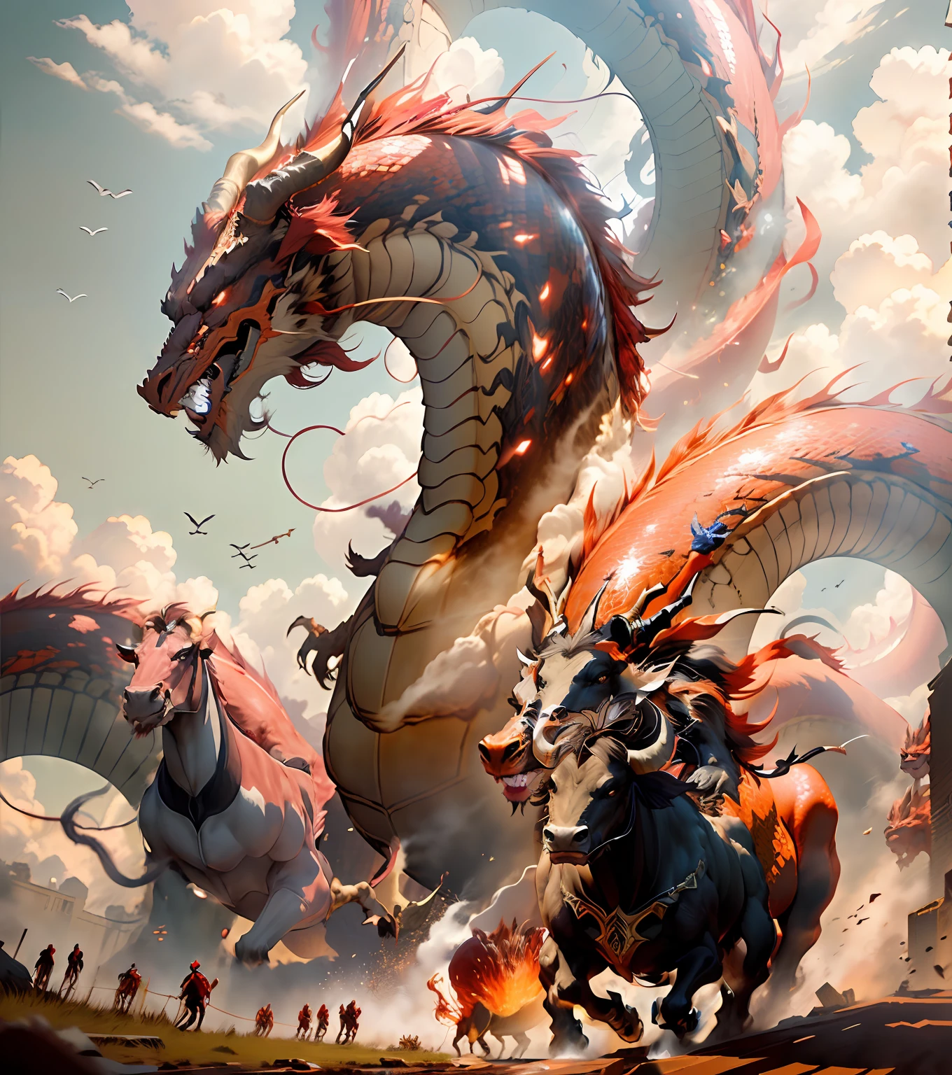 The red fire dragon soared into the sky,Huge cows chasing on the ground,Behind the perspective,high qulity,super-fine,Detailed depiction,movie light effect,4K分辨率