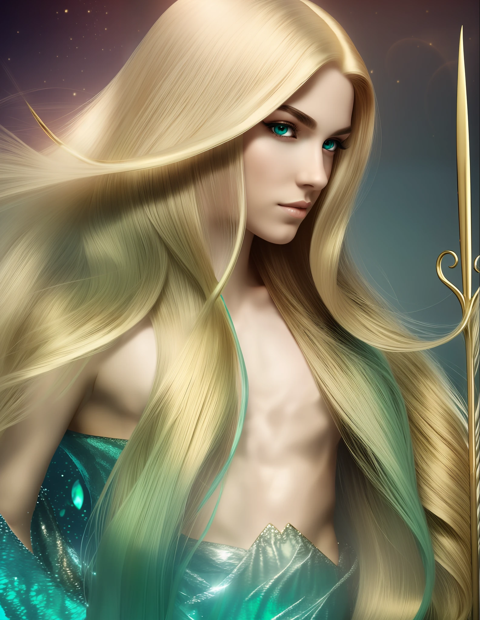 merman long blond straight hair green eyes holding a golden trident --auto --s2
