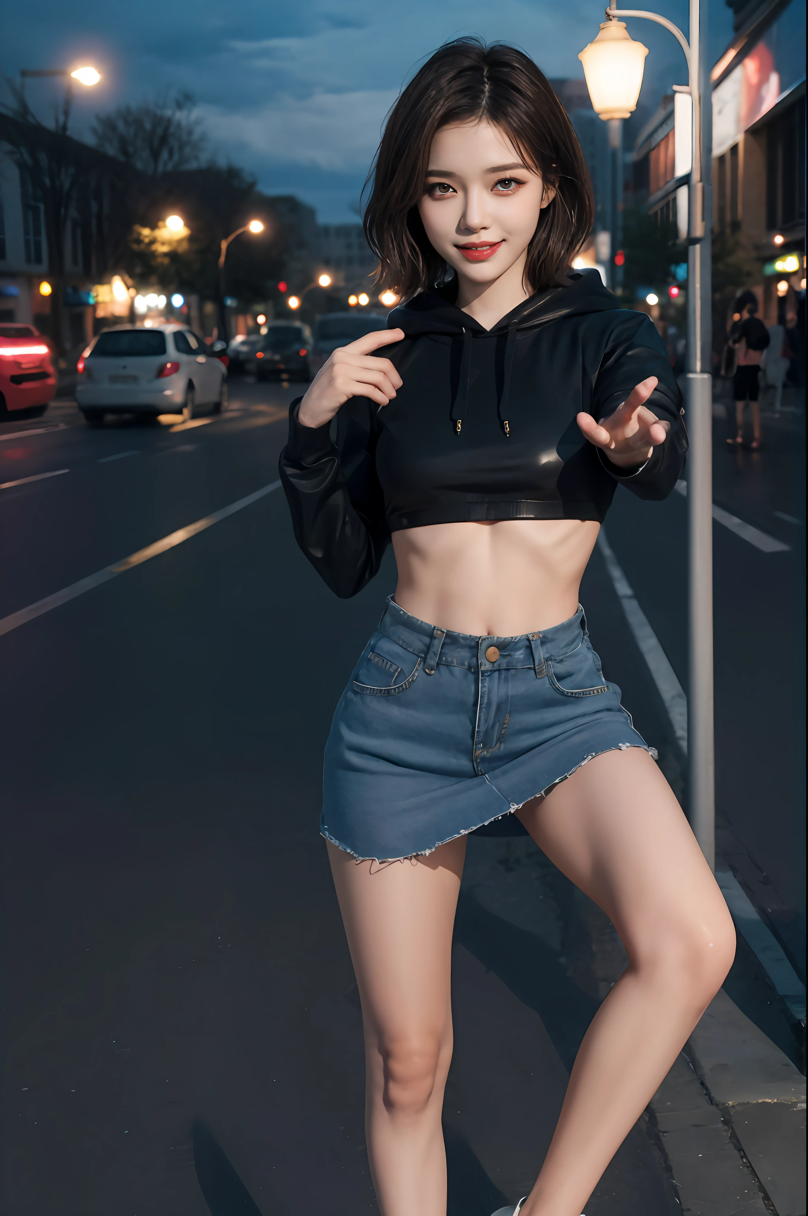 8K raw photos、hight resolution、19 year old cool Korean、big round chest、Super cropped hoodie with open front、Cropped length tops、skirt by the、(((Spreading thighs、Emphasis on the crotch)))、beautiful eyes with details、long eyeslashes、Beautiful double eyelids、eyeshadows、Slender eyes、Sanpaku eyes、Dark Eye Makeup、evil smile、Beautiful and thin legs、disheveled shorthair、light brown hair、耳环、Downtown at night、Park at night