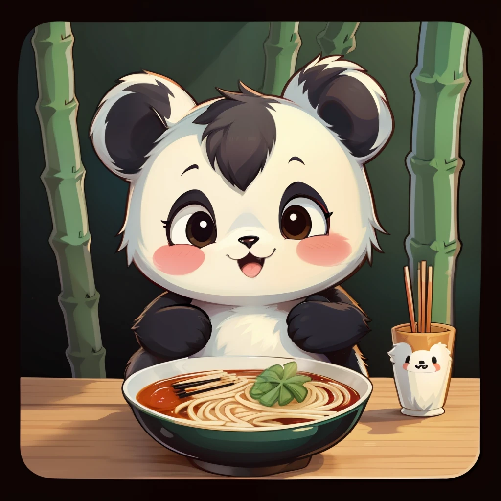 There is a cute panda in front of the bamboo forest，Eat ramen with chopsticks, The background is a dense bamboo forest, pixar-style, He had a lot of food on his table, Panda laughs with cute fangs
