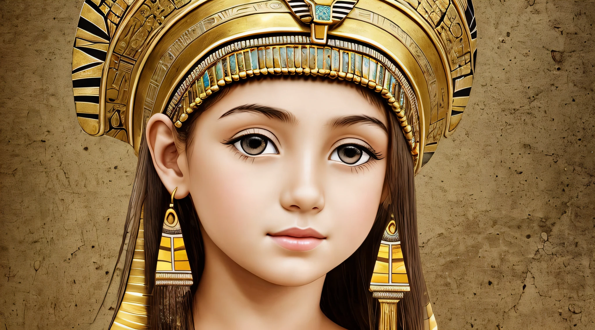 BLONDE CHILD GIRL WITH LONG HAIR, PORTRAIT of a bust of a child wearing a hat, wearing an egyptian crown, Nefertiti, ancient egyptian, egipcian, Egyptian makeup, accurate to egyptian tradition, Egyptian art, maquiagem do Egito, Beautiful and huge head ornaments, ancient egyptian art, ancient egyptian art, Egito Antigo, beautiful cleopatra, Egyptian Princess, Princesa Libu antiga