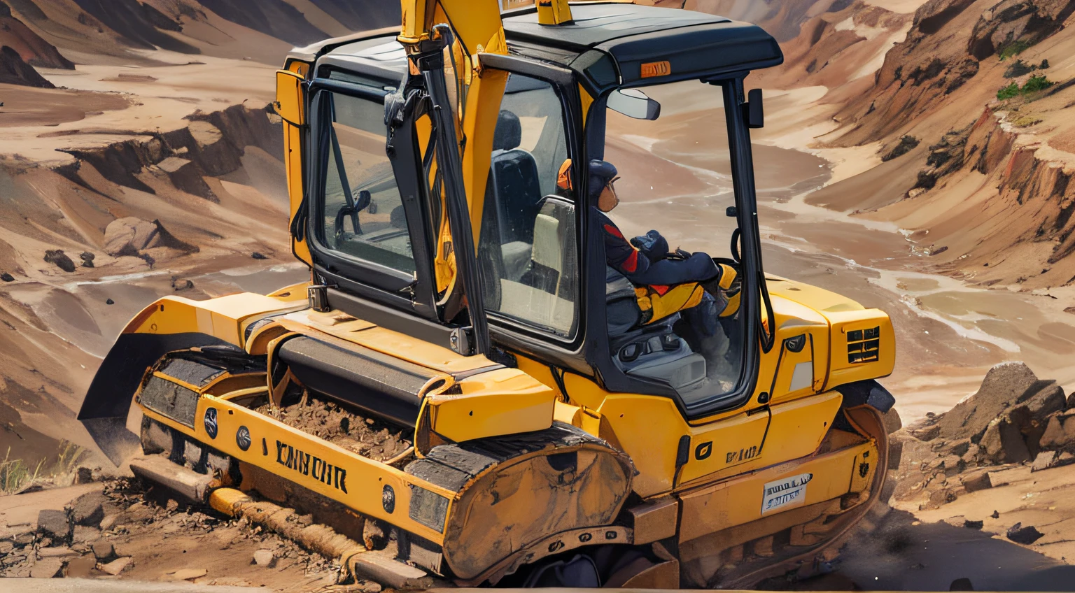 A middle-aged man,wearing work clothes,Sit in an excavator