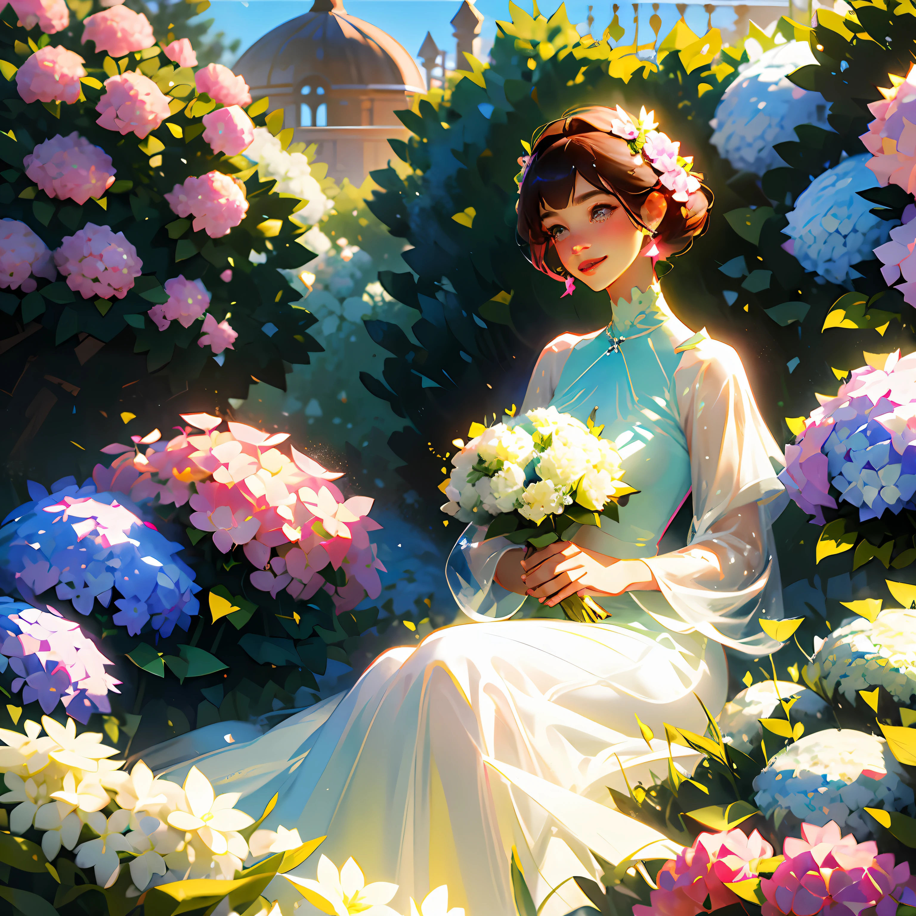 A beautiful and smiling one、Ladies with short and medium hair wear pink、High neck dress,Sit in a greenhouse garden full of flowers,There are butterflies flying around,Sunny day,Lady holding a large bouquet of colorful hydrangeas in her hand --auto